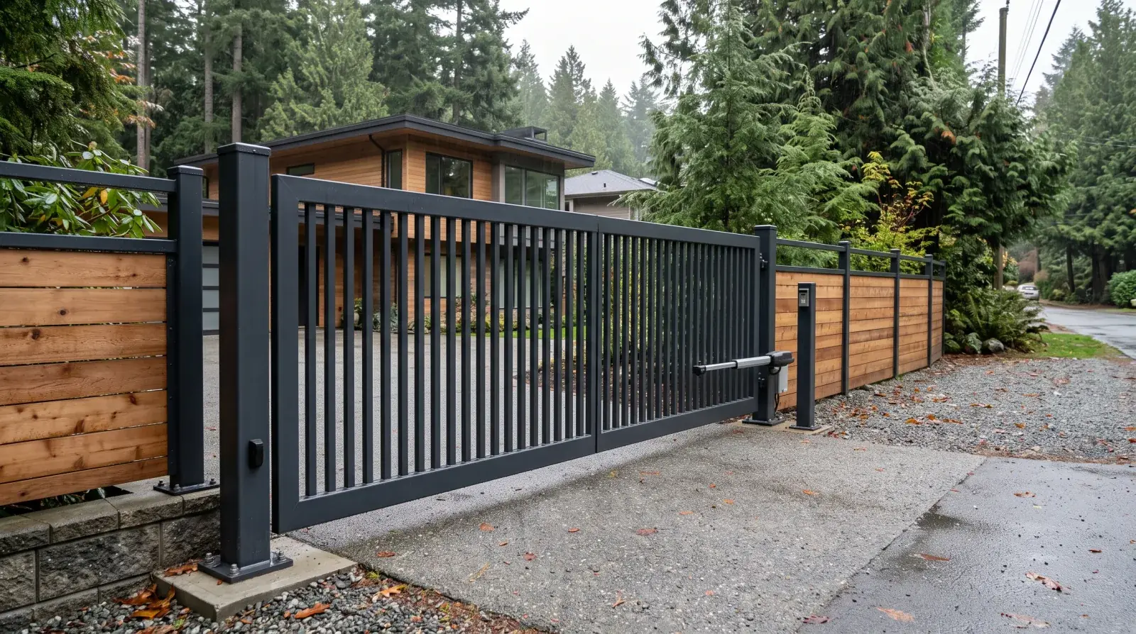 Modern dark steel driveway gate with vertical slats and automation arm at a West Coast Vancouver home
