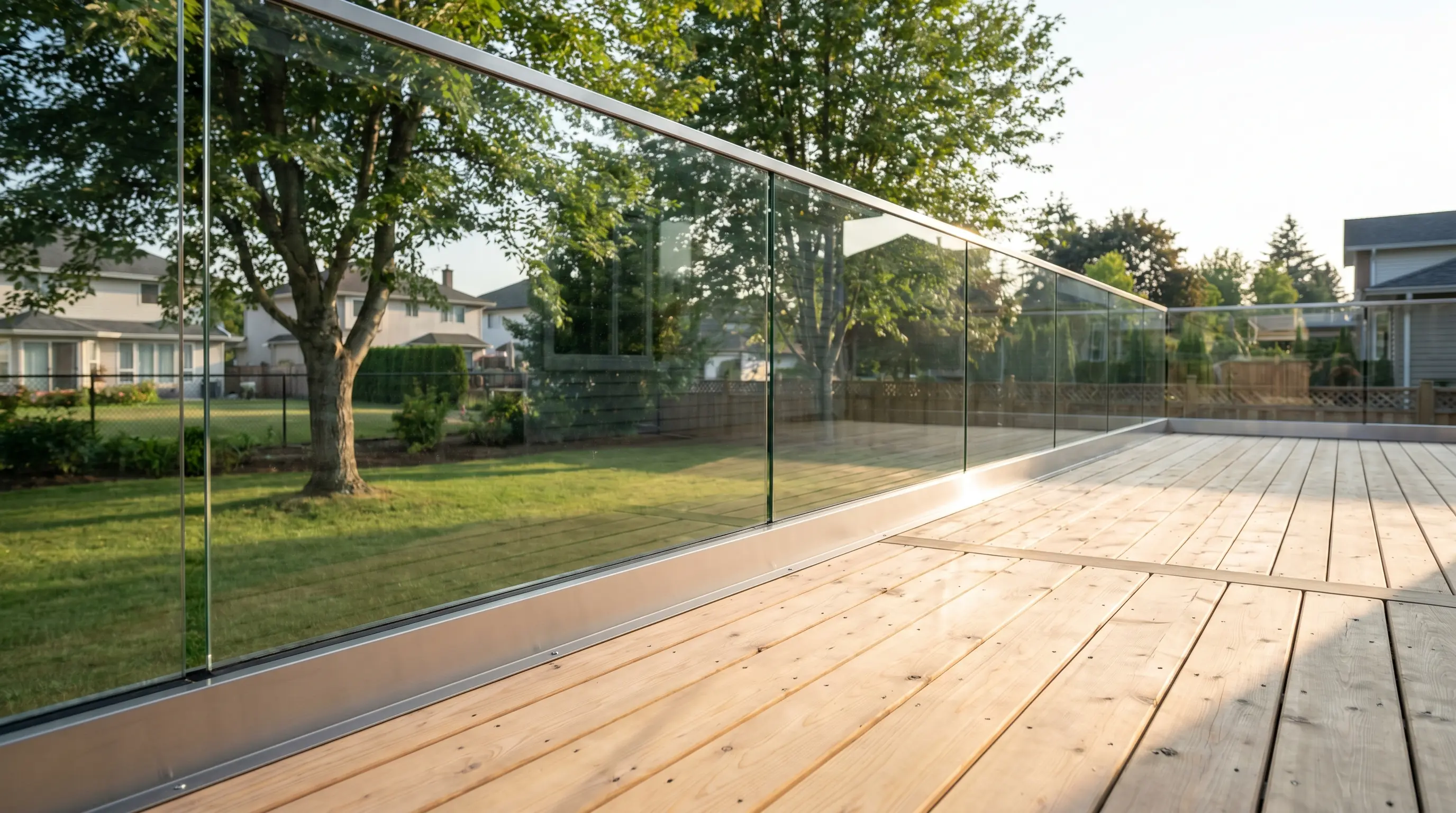 Frameless tempered glass deck railing with stainless-steel base shoe and thin satin top cap on a Langley suburban backyard cedar deck, mature trees and adjoining yards in soft late-afternoon light