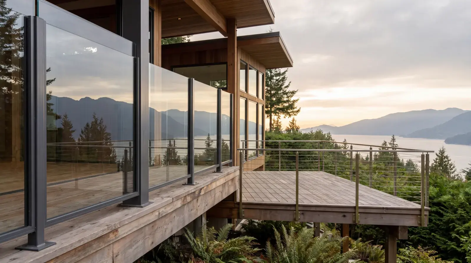 Modern cable railing with steel posts overlooking a Vancouver view from a North Shore deck