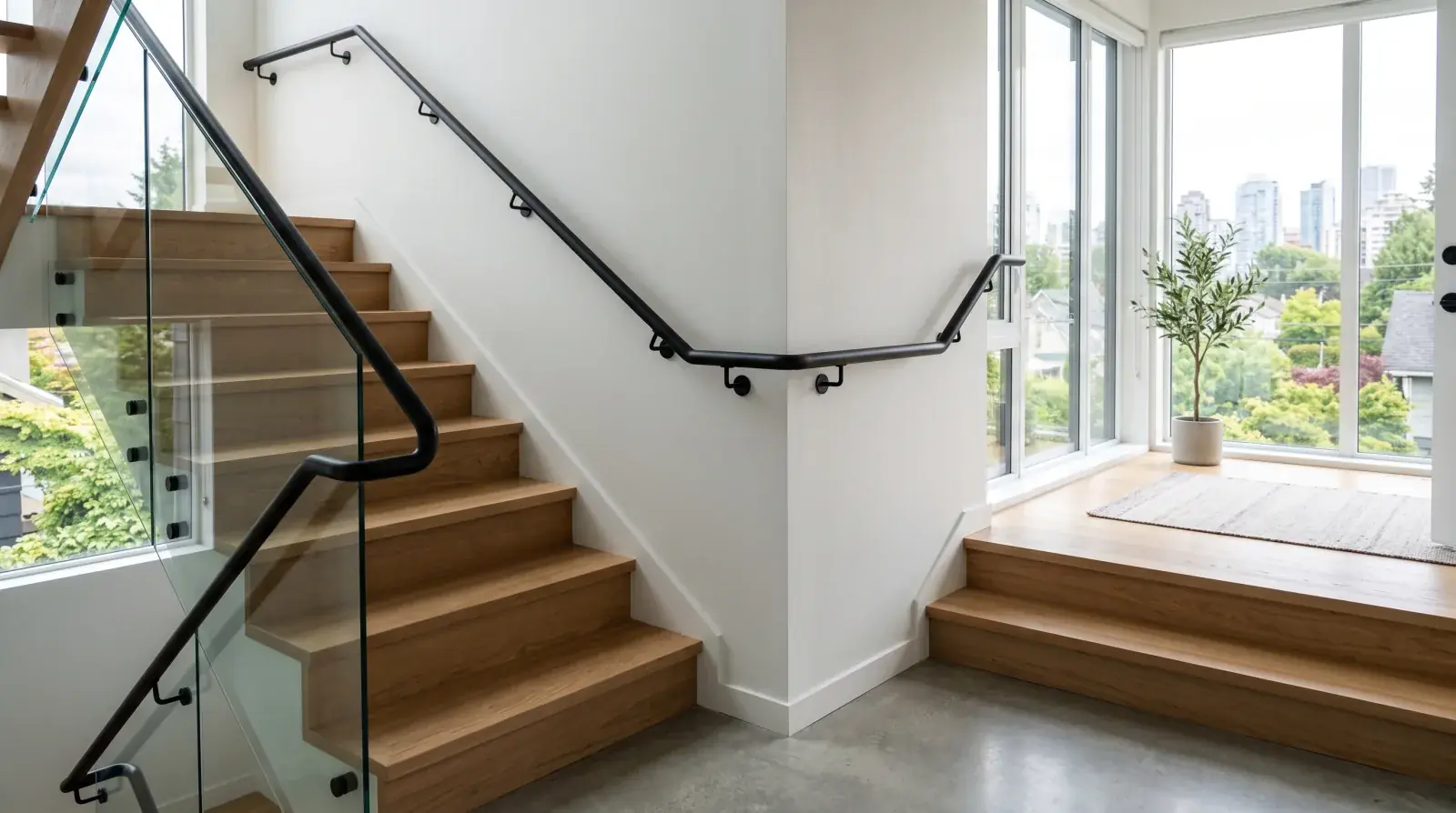 Continuous round matte black steel handrail on standoff brackets running along a Vancouver stair and around a landing