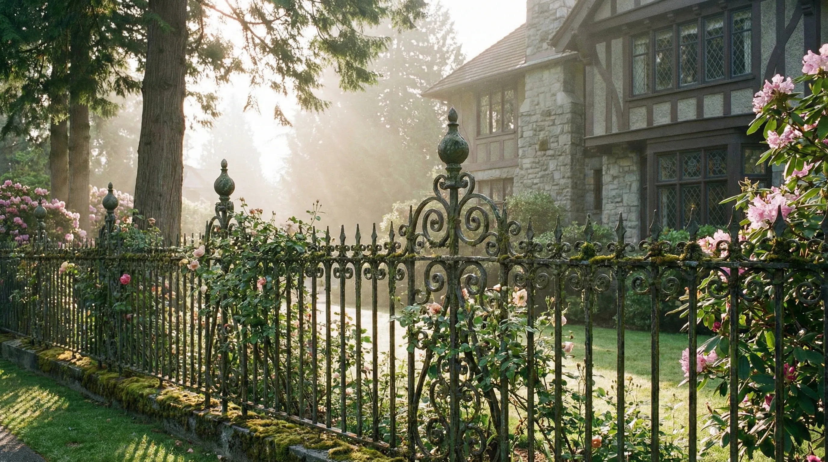 Century-old hand-forged wrought iron fence with scrolls and finials in front of a Shaughnessy heritage home in Vancouver