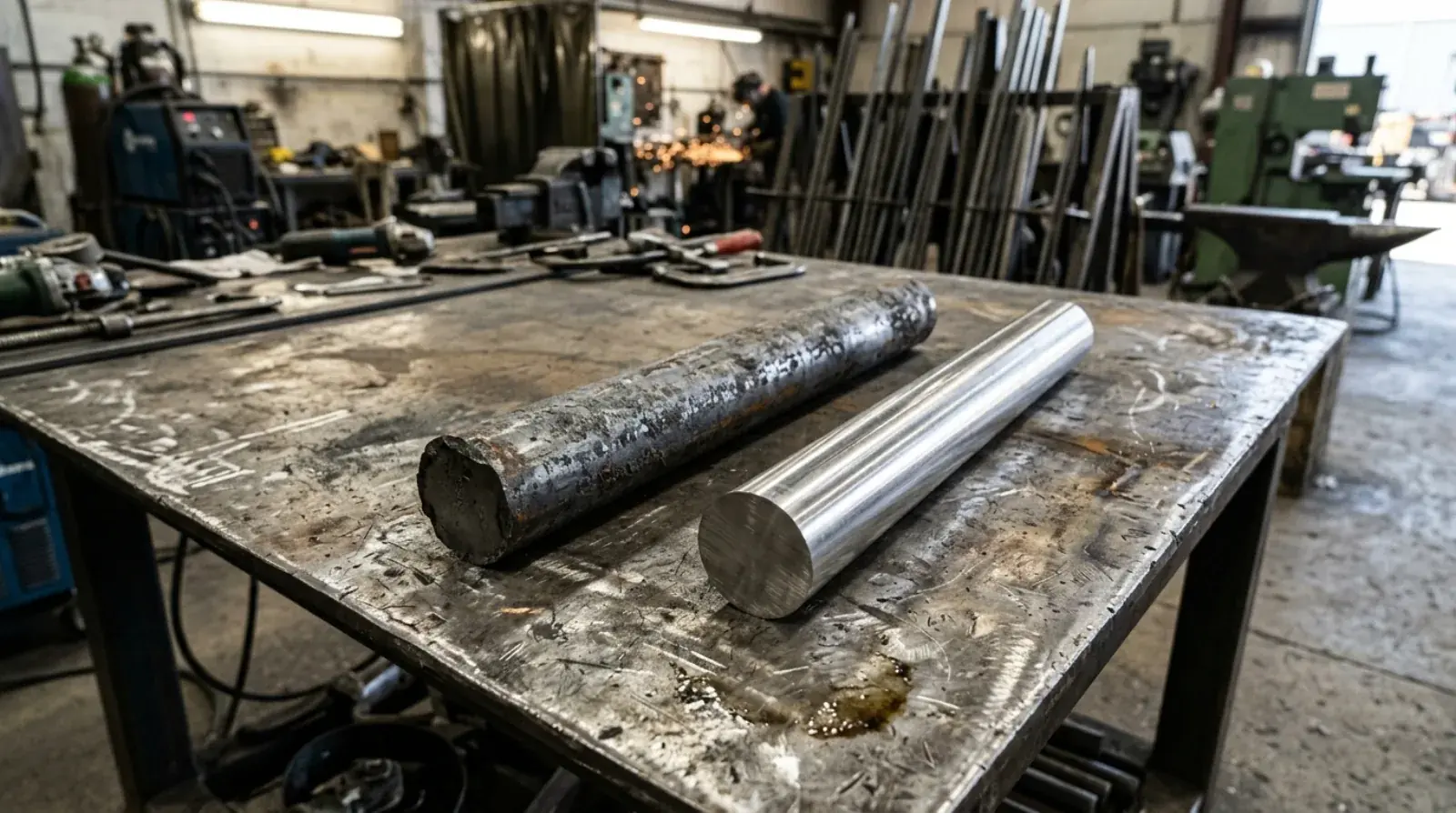 Stacks of hot-rolled steel sections with bluish mill scale next to smooth cold-rolled flat bar in a Burnaby fabrication shop