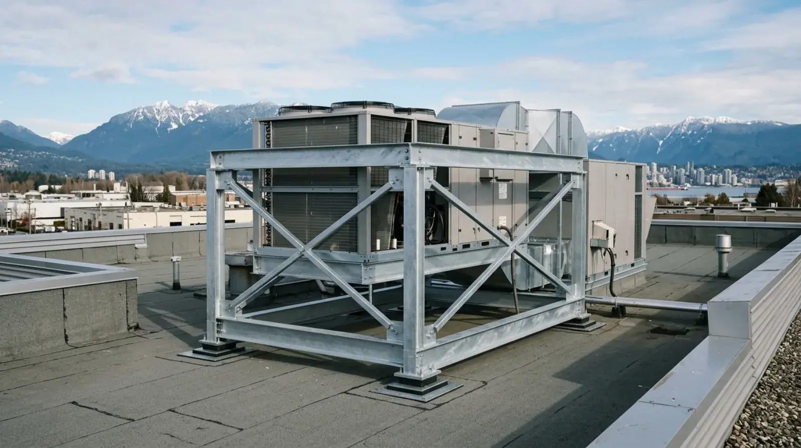 Galvanized steel support frame carrying a rooftop HVAC unit on a commercial building roof in Vancouver
