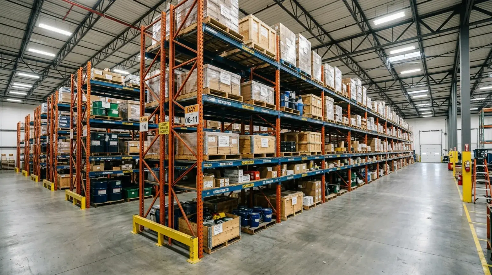 Heavy-duty welded steel storage racking anchored to a concrete slab inside a Vancouver warehouse