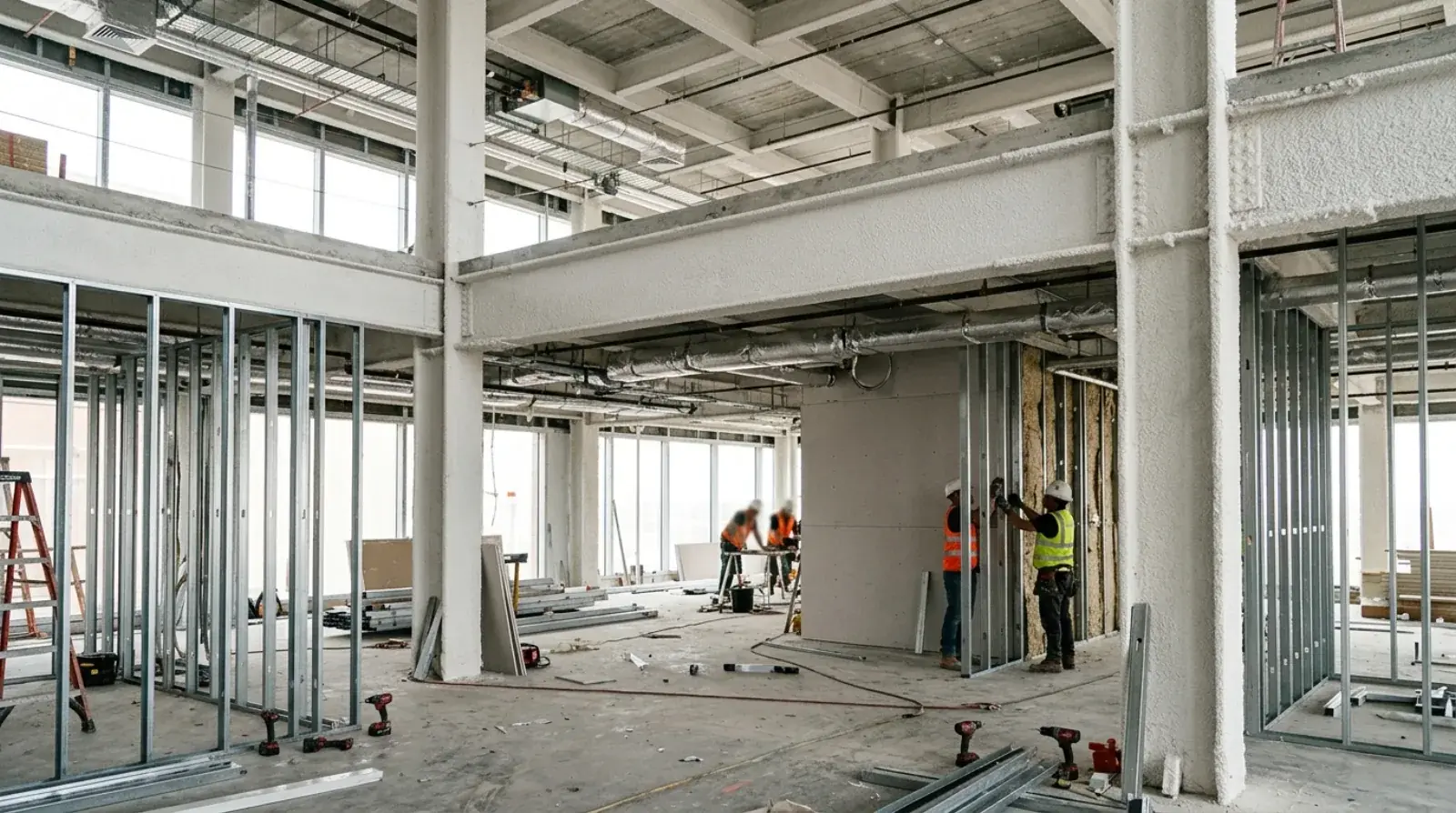 Structural steel beam coated with white intumescent fire protection in a commercial building in Vancouver