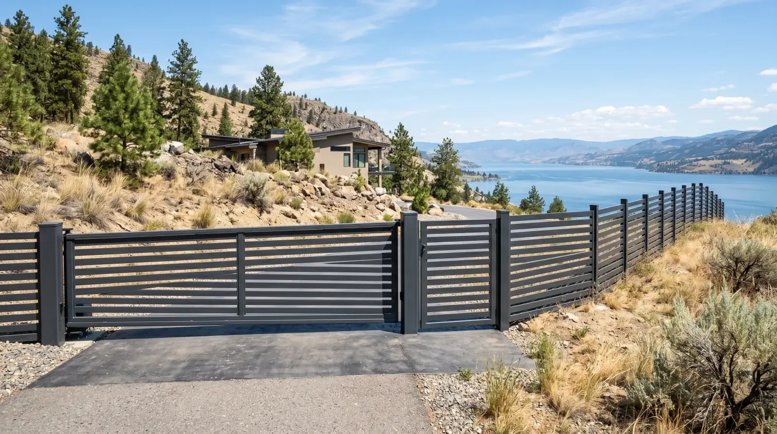Modern horizontal-slat steel driveway gate and fence at a Kelowna hillside home on the wildfire interface, with Okanagan Lake in the distance