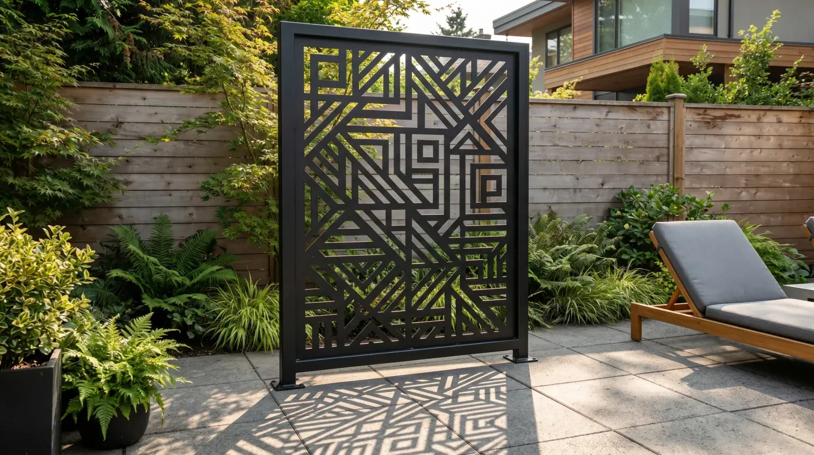 Matte-black laser-cut steel privacy screen with geometric pattern on a modern Vancouver backyard patio