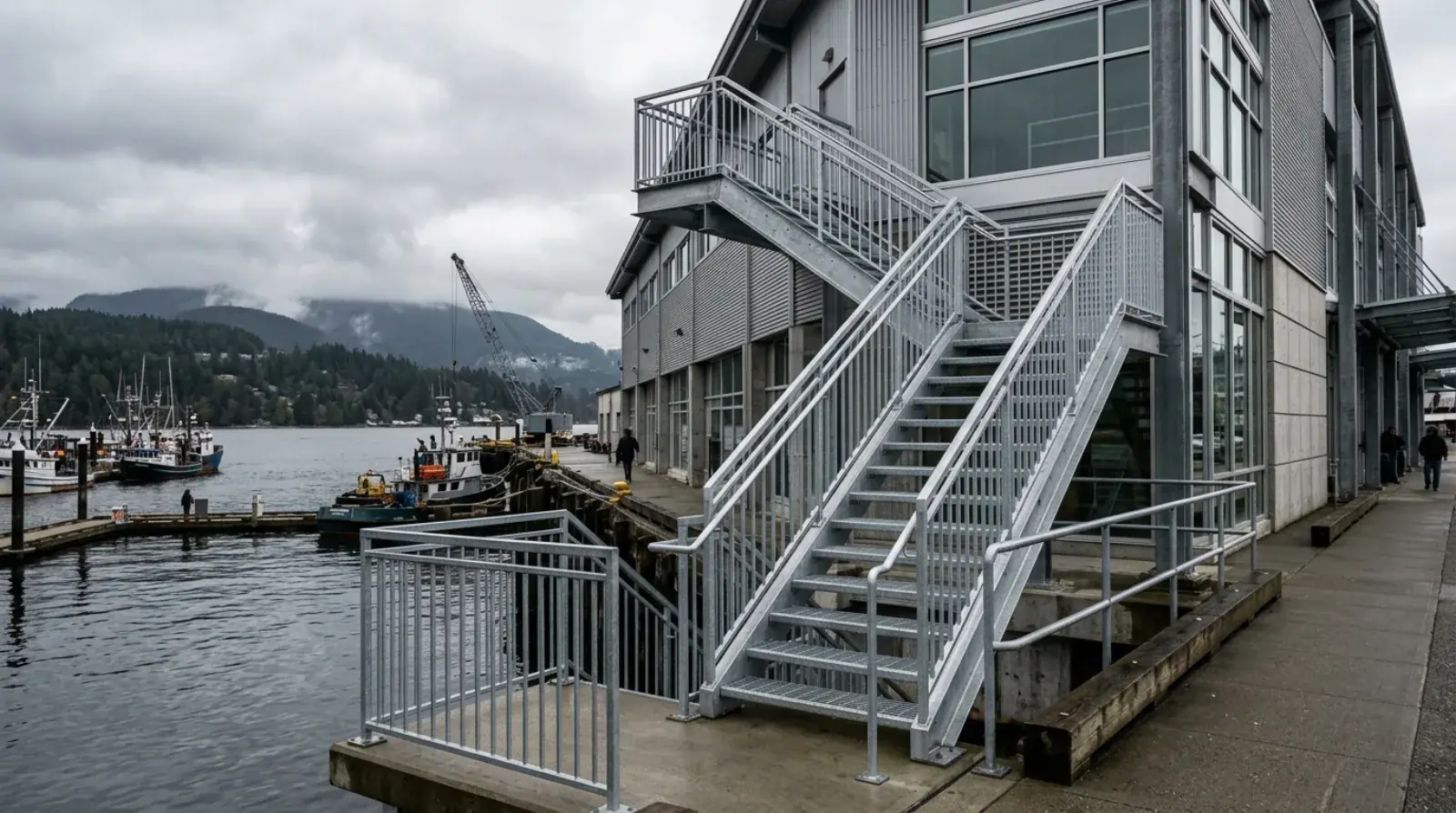 Commercial steel staircase extension with guardrails at Lonsdale Quay market on the North Vancouver waterfront