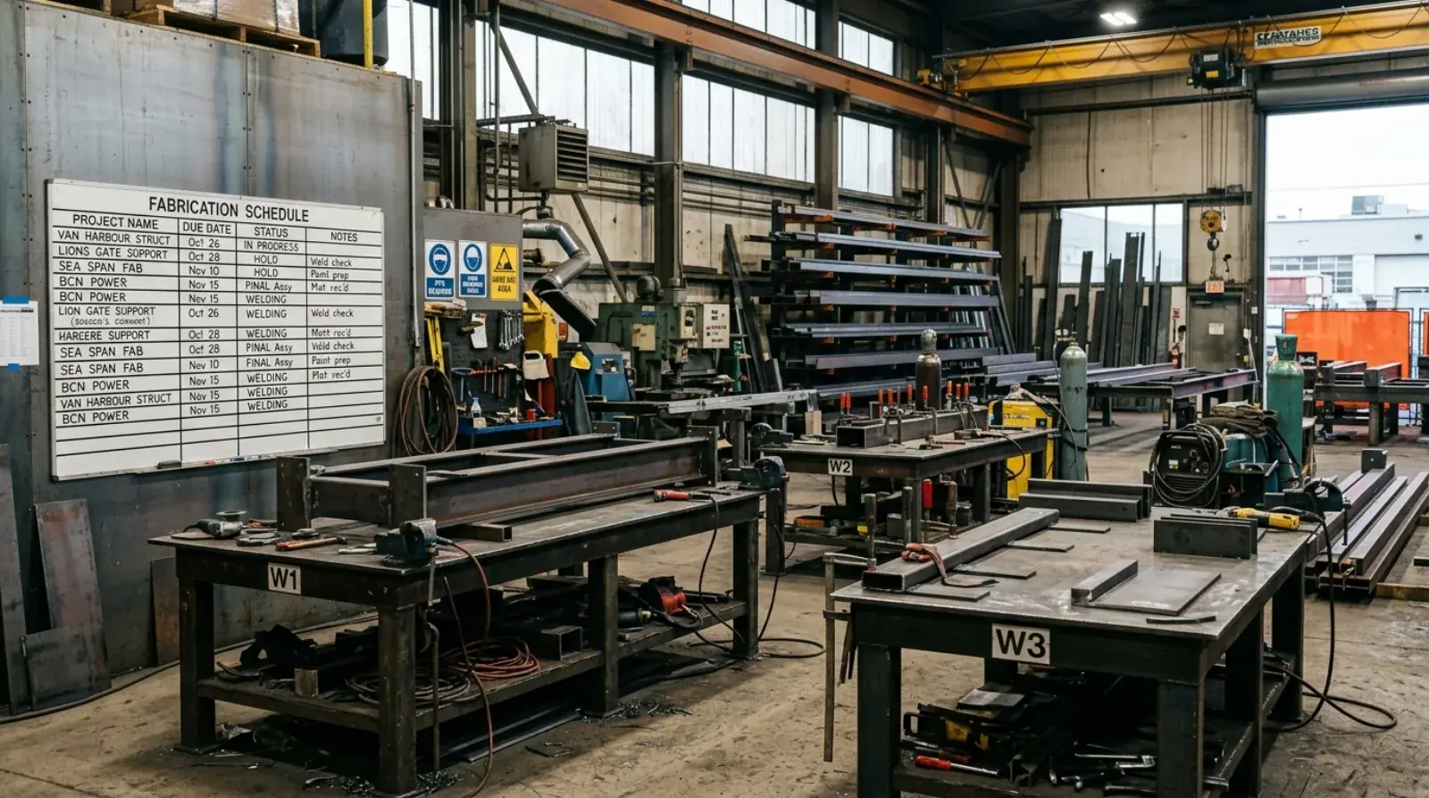 Steel components staged in a Burnaby fabrication shop, queued for welding and finishing.