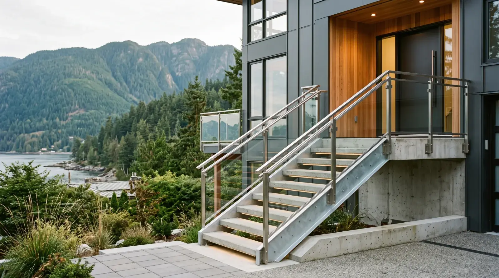 Modern steel and glass exterior stair on a North Vancouver home with coastal mountains in the background