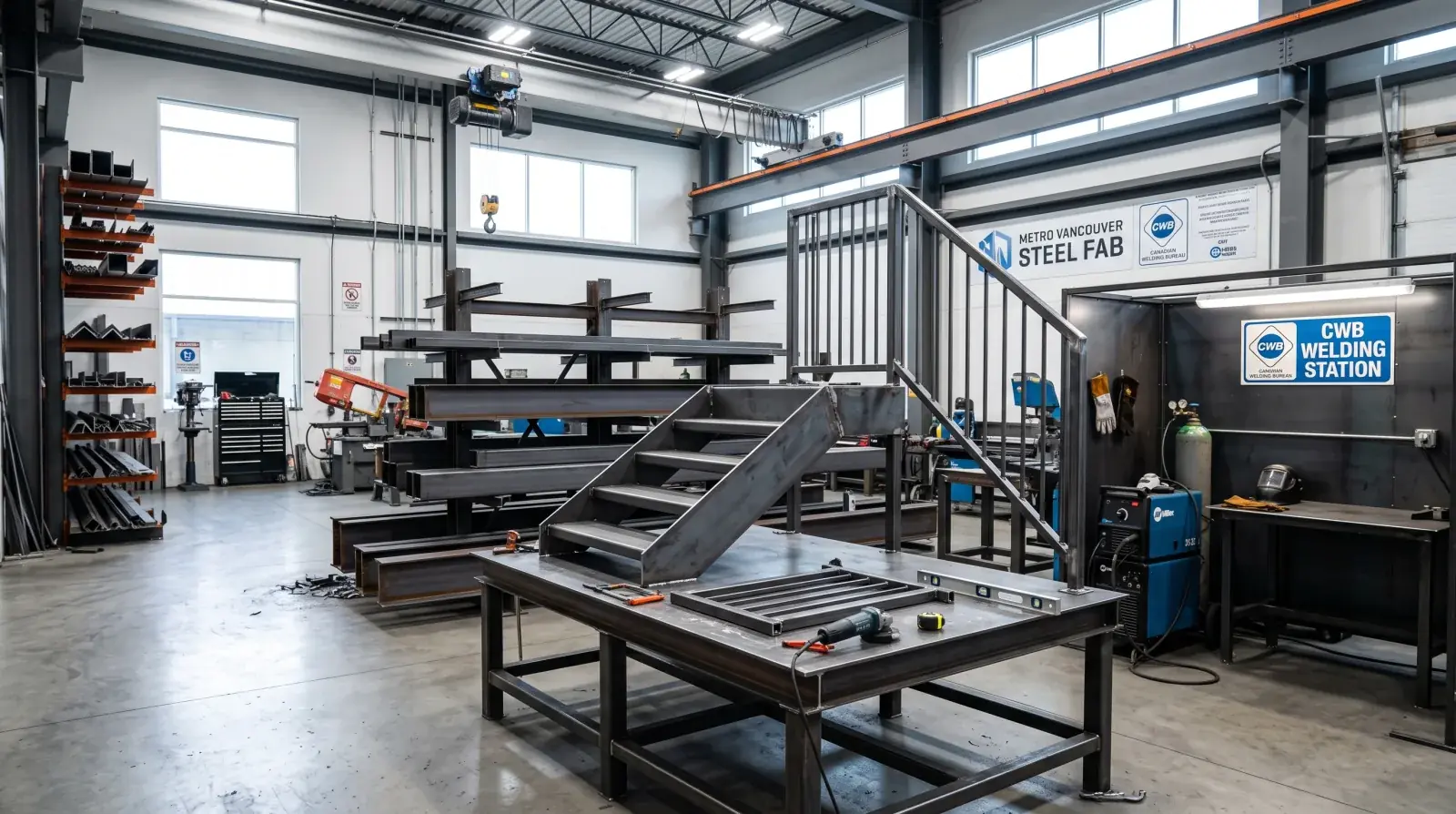 Modern steel fabrication shop with a mono stringer stair, welded railing frames, and stacked structural steel beams