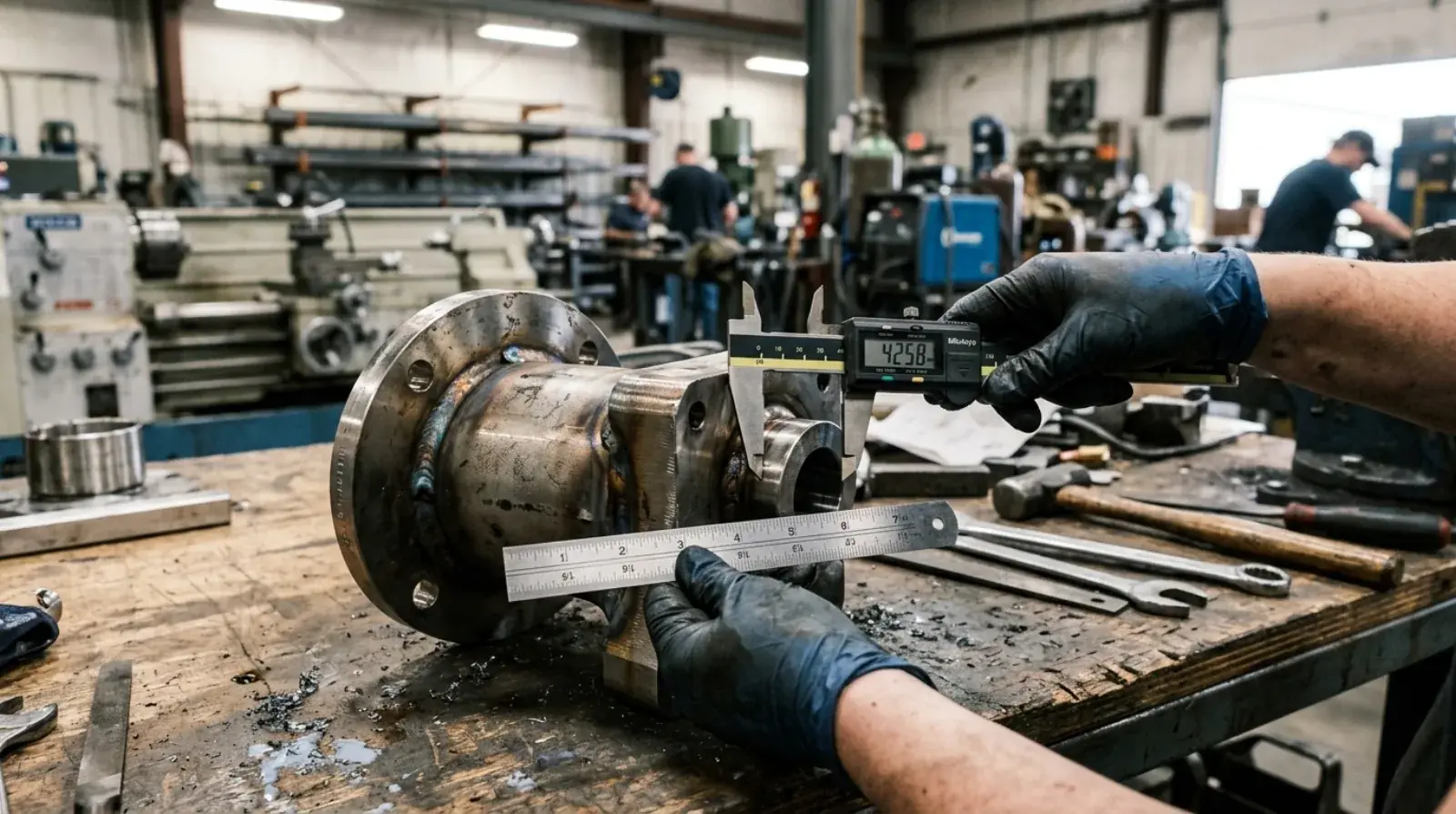 A fabricator checking a steel stringer against a tape measure and square on a shop layout table.