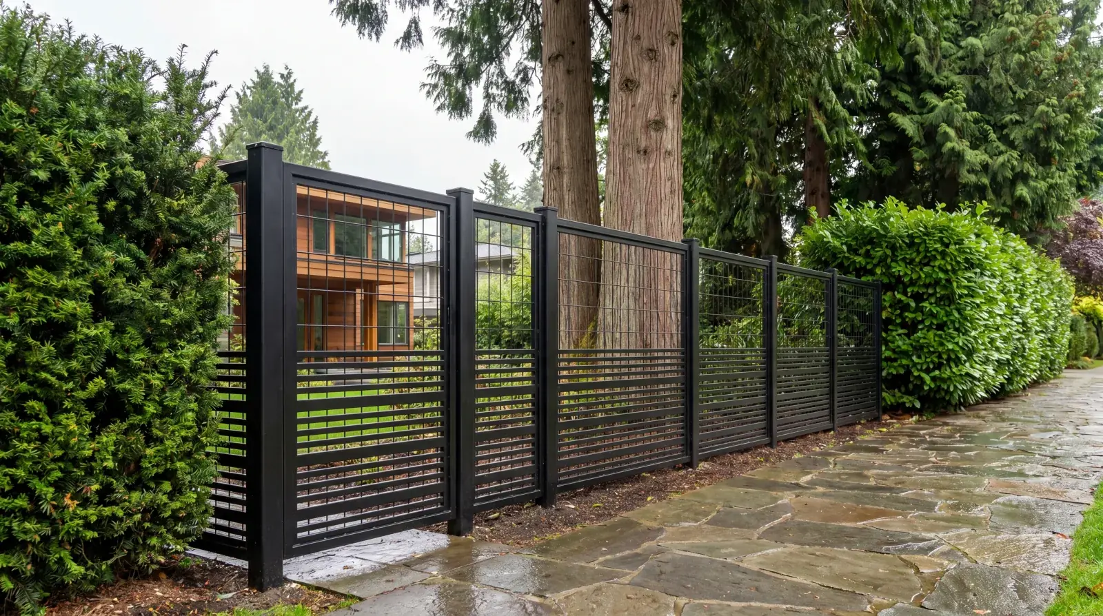 Custom white steel vertical-slat privacy fence on a Vancouver residential property