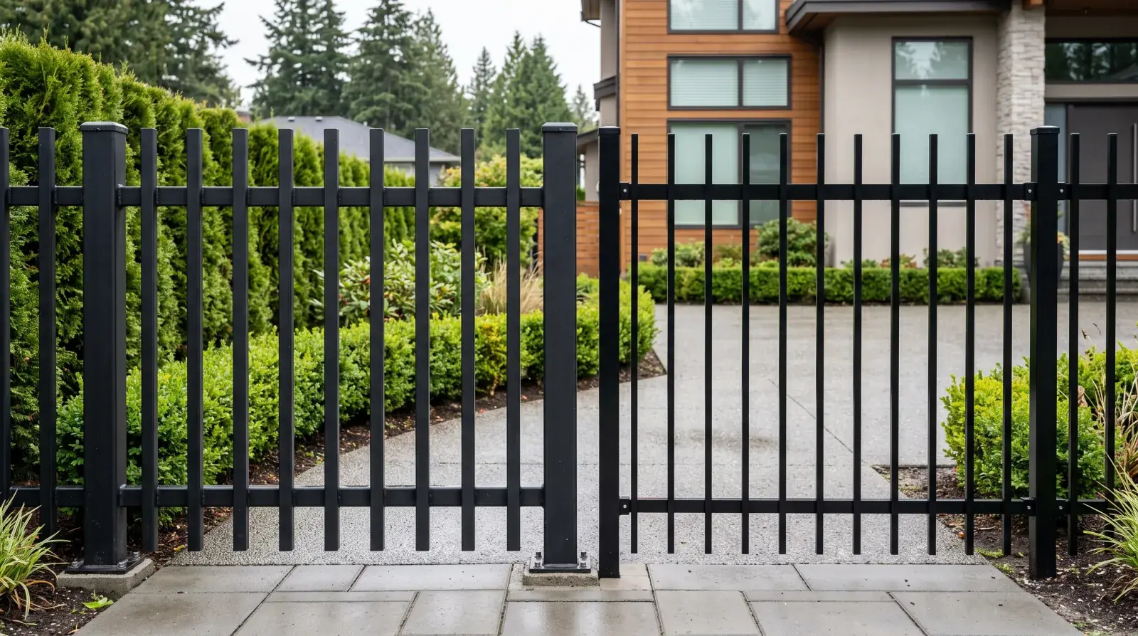Heavy welded steel picket fence next to a lighter aluminum picket fence in a Coquitlam front yard
