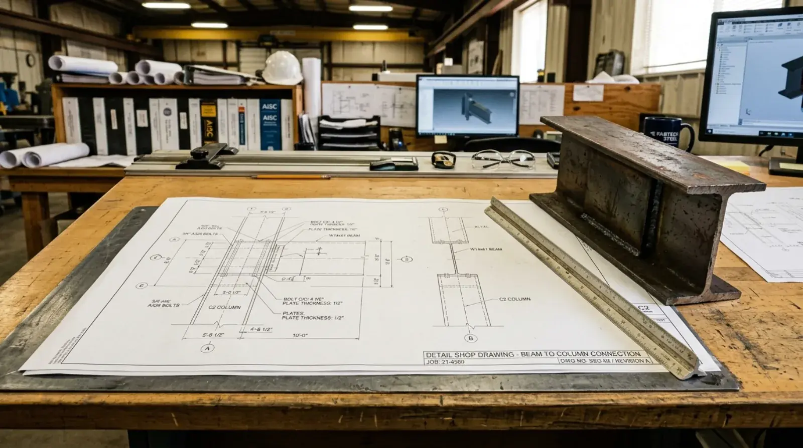 Detailed steel fabrication shop drawing showing dimensions, weld symbols, and connection details for a custom staircase.