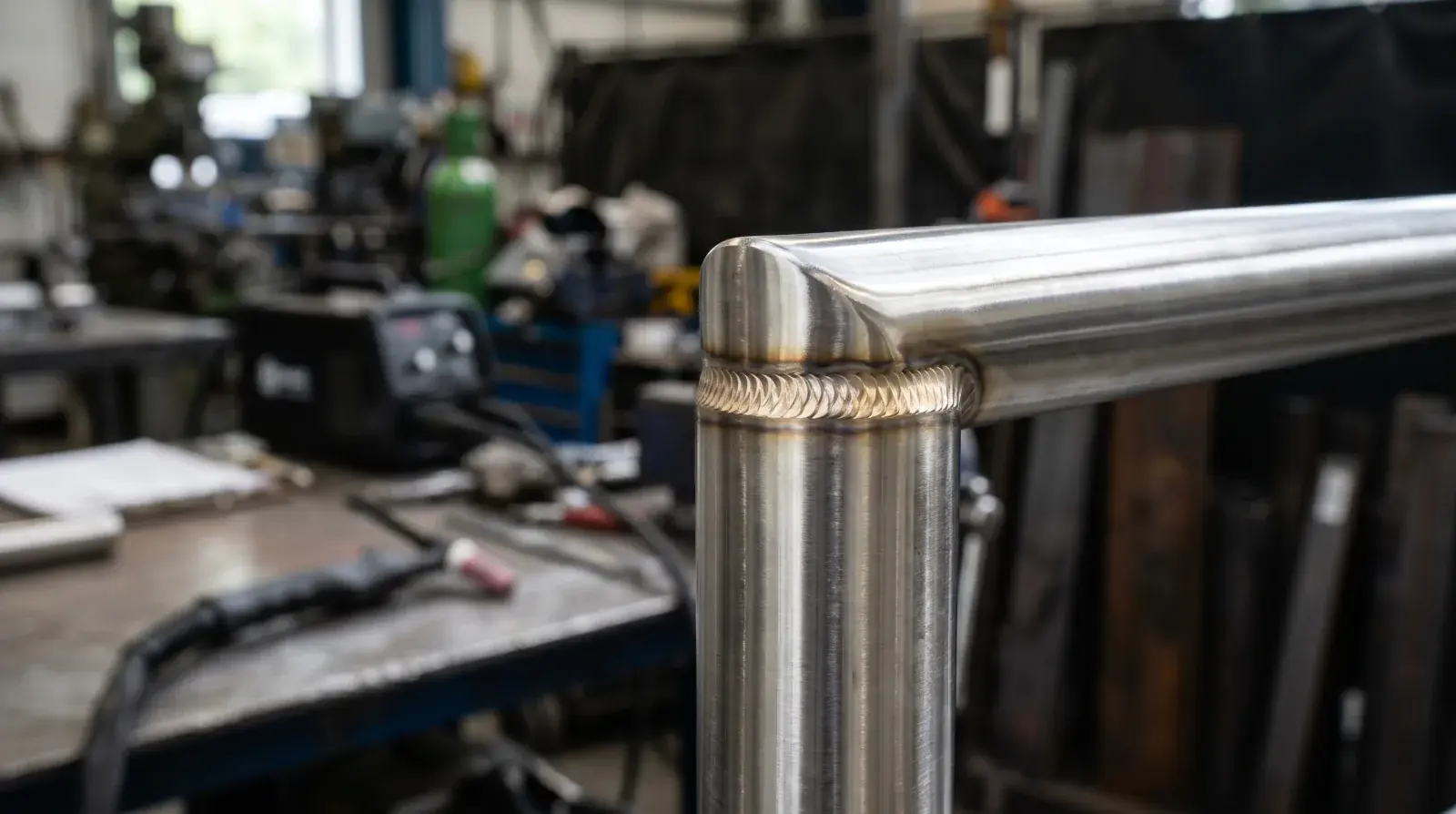 Close-up of a clean TIG weld bead on a polished stainless steel handrail joint in a Burnaby fabrication shop
