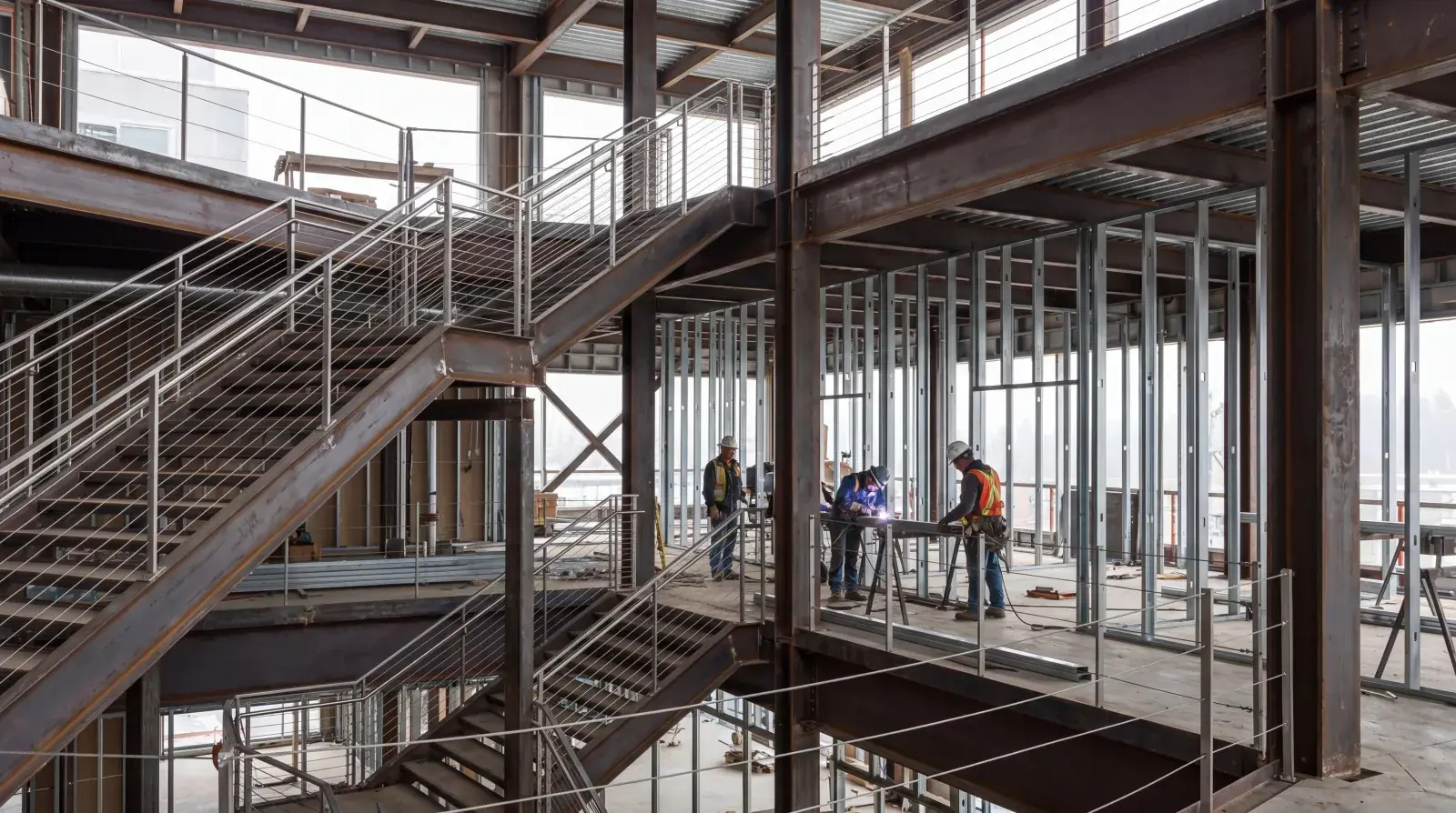 Commercial building misc metals scope including bollards, pipe rails, and access ladders in Metro Vancouver