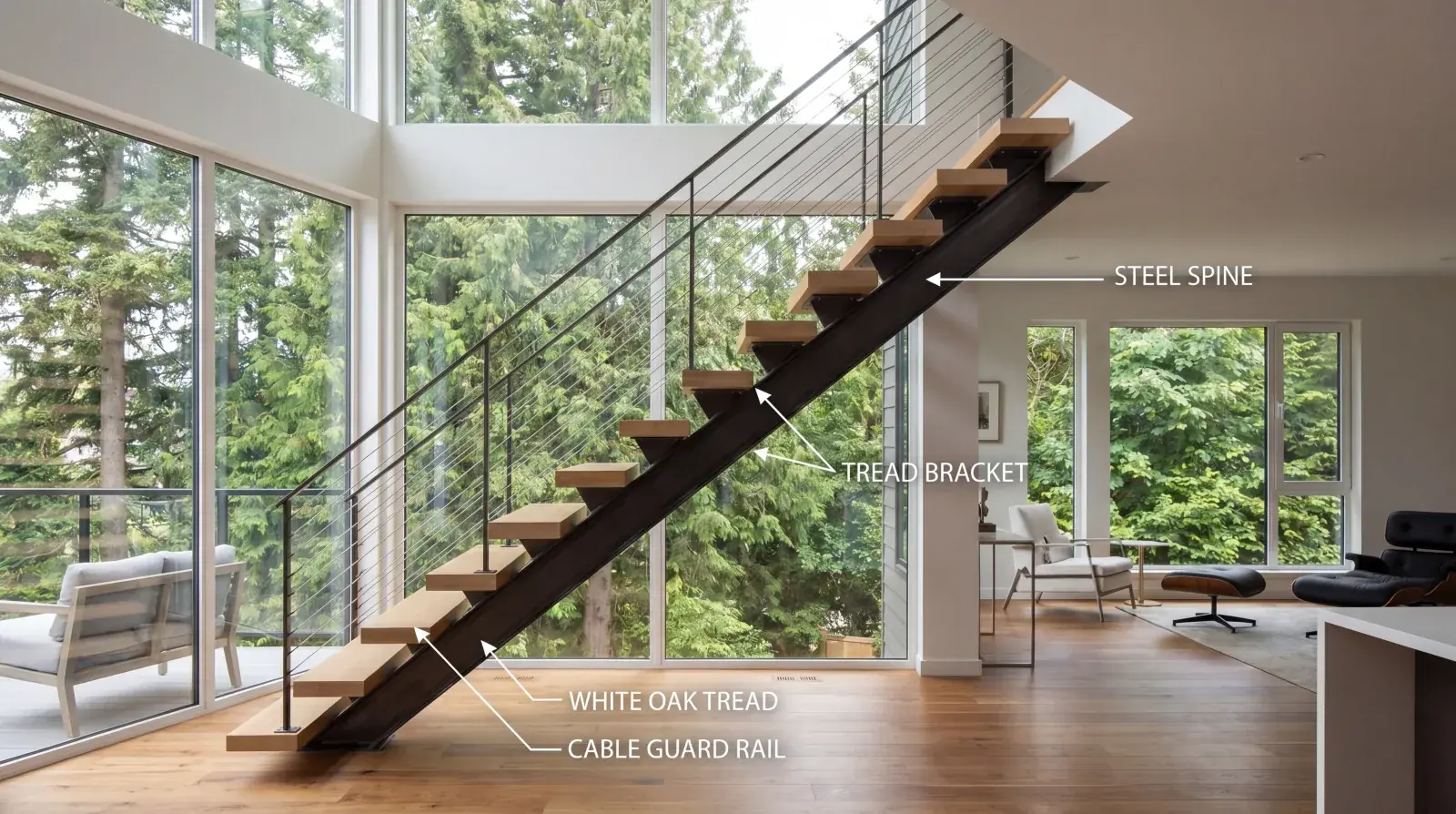 Custom mono stringer staircase with wood treads fabricated by Jeff and Simon Ironworks