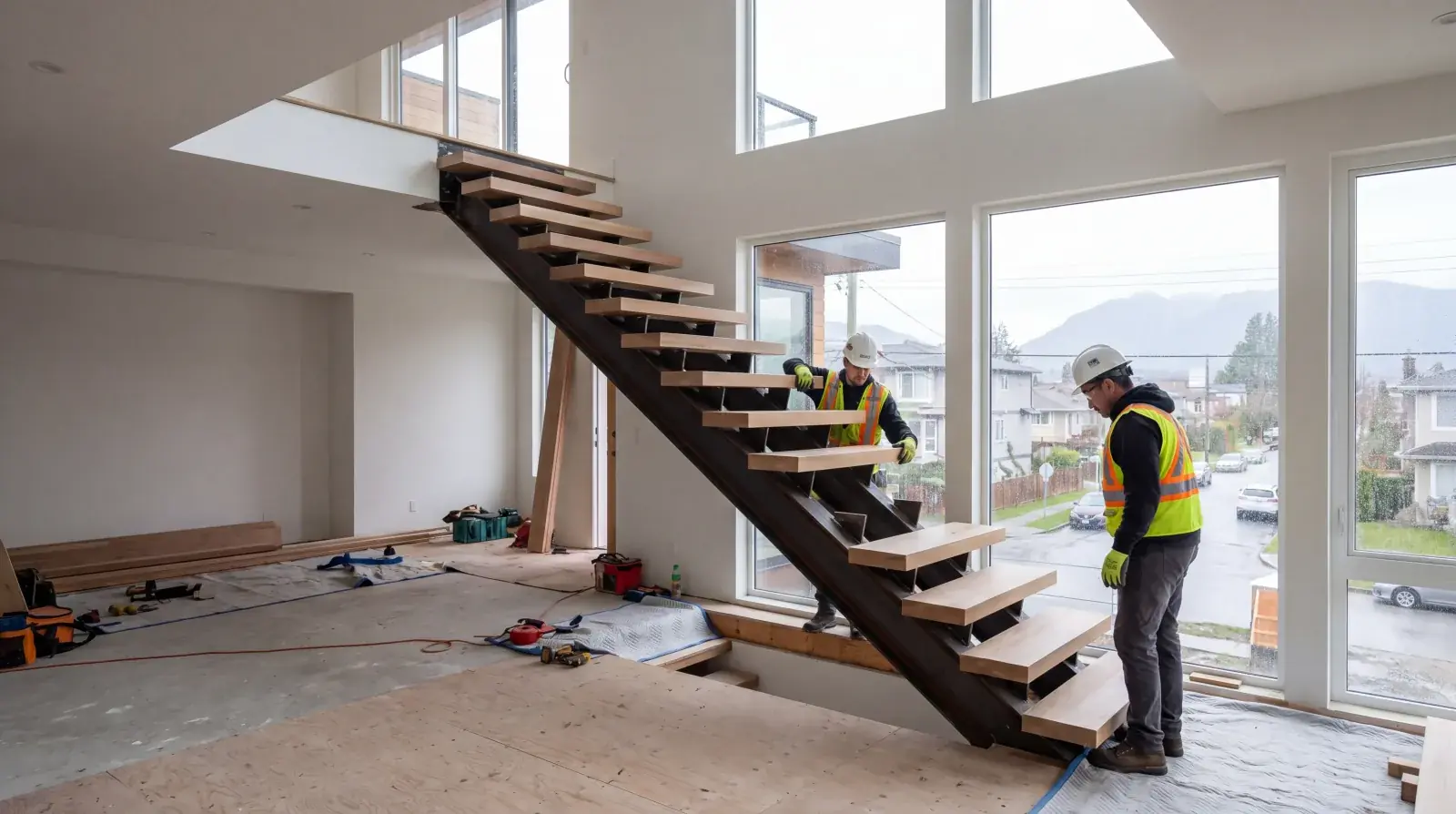 Installation crew securing a hardwood tread onto a black steel mono stringer beam in a modern Vancouver home during stair installation day