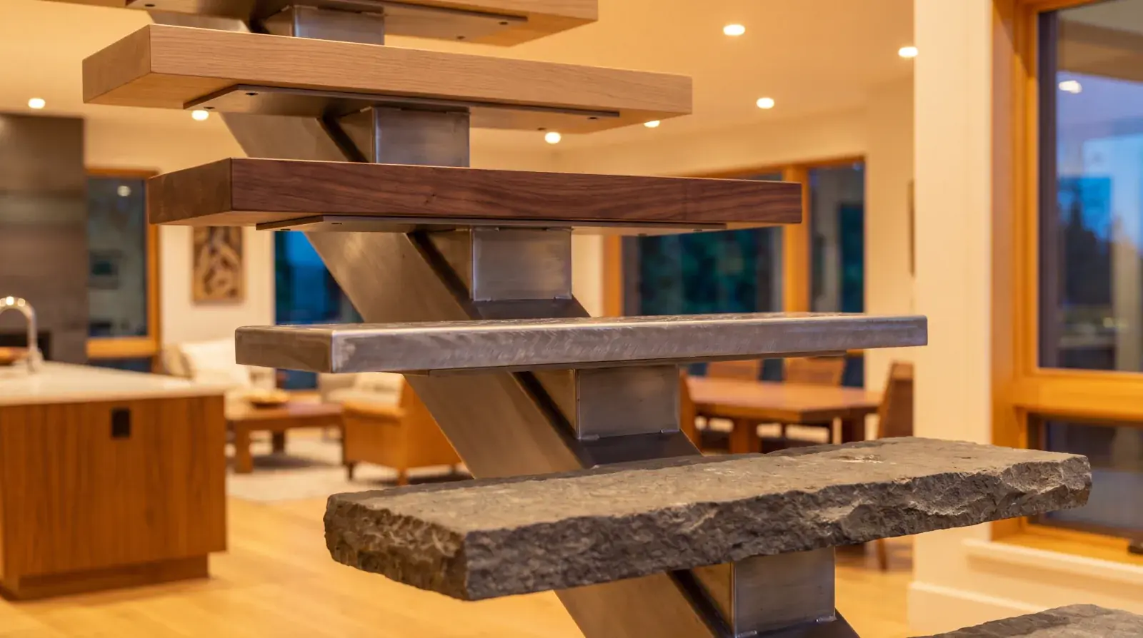 Close-up of a solid white oak tread bolted to a powder-coated steel bracket on a mono stringer staircase