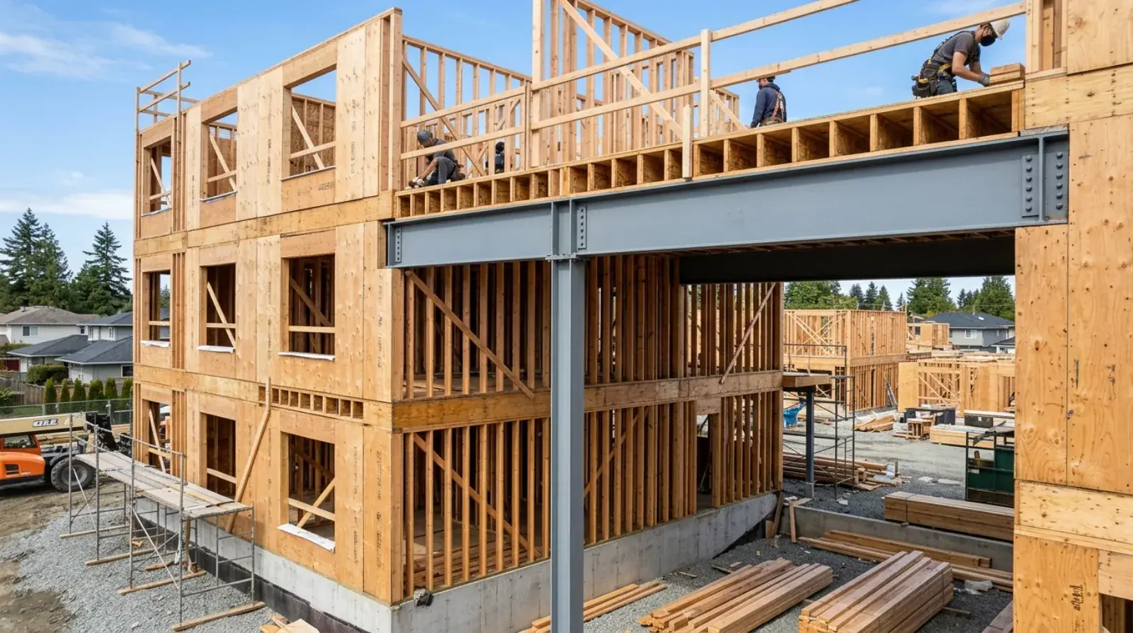Structural steel framing being erected on a multi-family residential construction site in Langley, BC