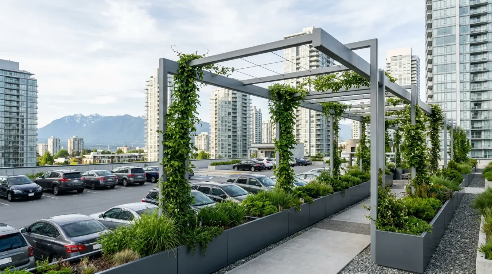 Open steel parkade trellis frame with HSS members installed above the parking deck of a Vancouver commercial building