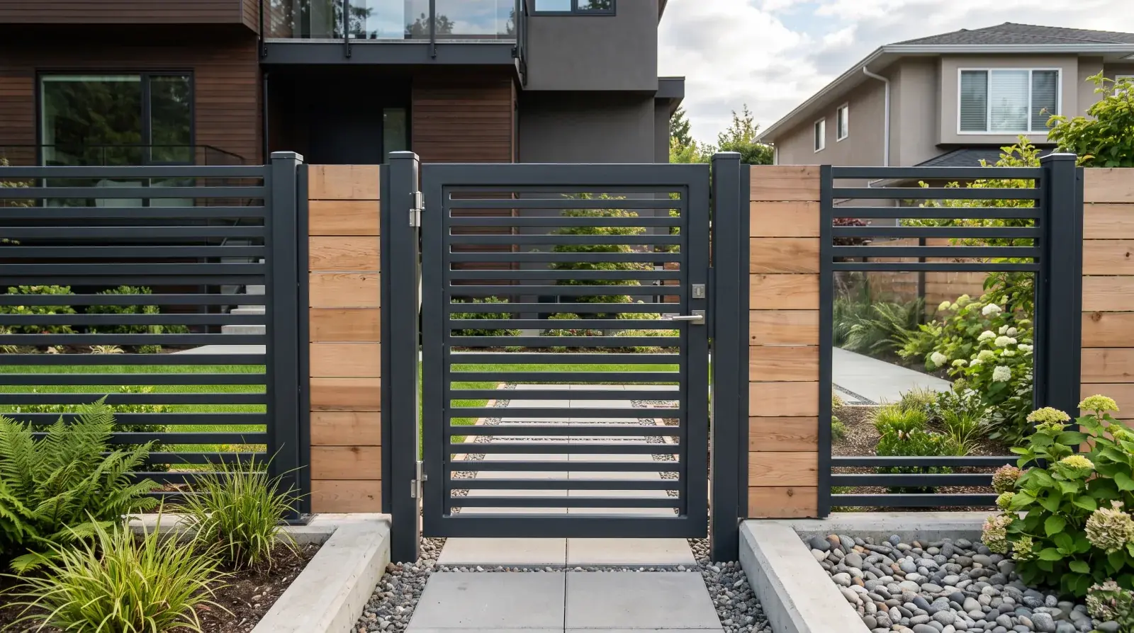 Modern dark steel pedestrian side gate with horizontal slats set into a matching steel and cedar fence at a Vancouver home