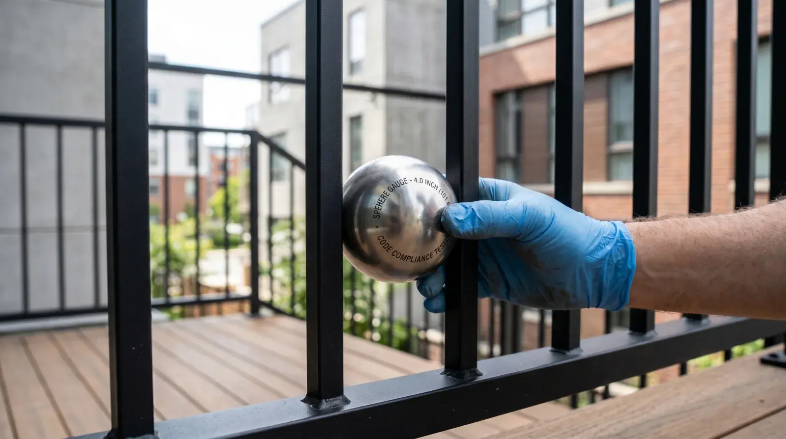 Vertical steel baluster guard with inspector's sphere test gauge being checked between balusters