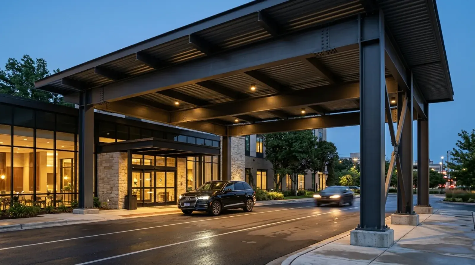 Steel-framed porte-cochere with W-shape beams and columns over the drive-through entrance of a Metro Vancouver hotel