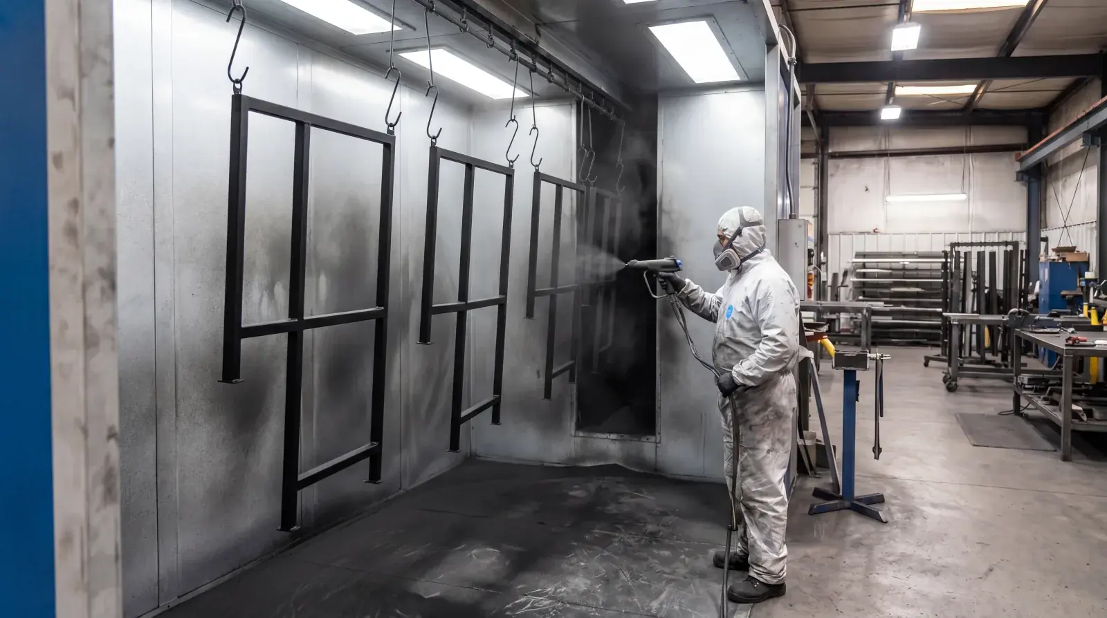 Powder-coated steel fabrication detail at Jeff and Simon Ironworks shop in Burnaby BC