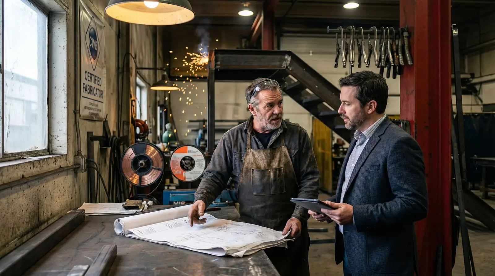 Metal fabricator in a welding apron reviewing architectural shop drawings with an architect in a CWB-certified Metro Vancouver fabrication shop, staircase and MIG welding equipment in the background