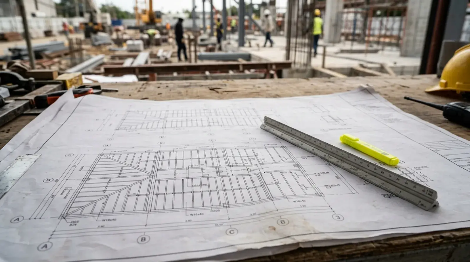 Steel fabricator reviewing S-series structural drawings and connection details on a plan table at a Burnaby fabrication shop