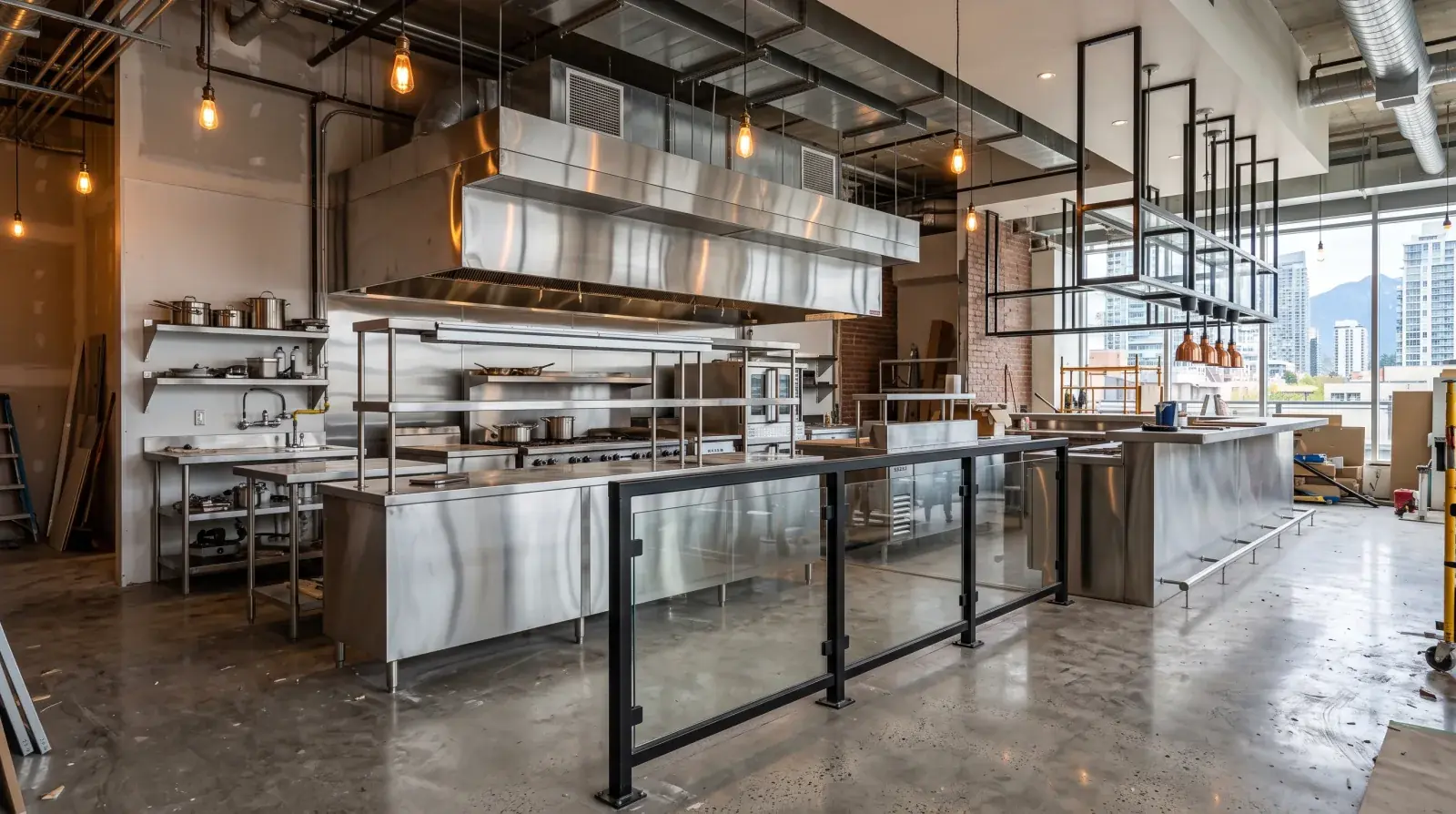 Modern restaurant kitchen mid tenant improvement with brushed stainless counters, open shelving, a steel range hood surround, and a glass steel partition railing in Vancouver