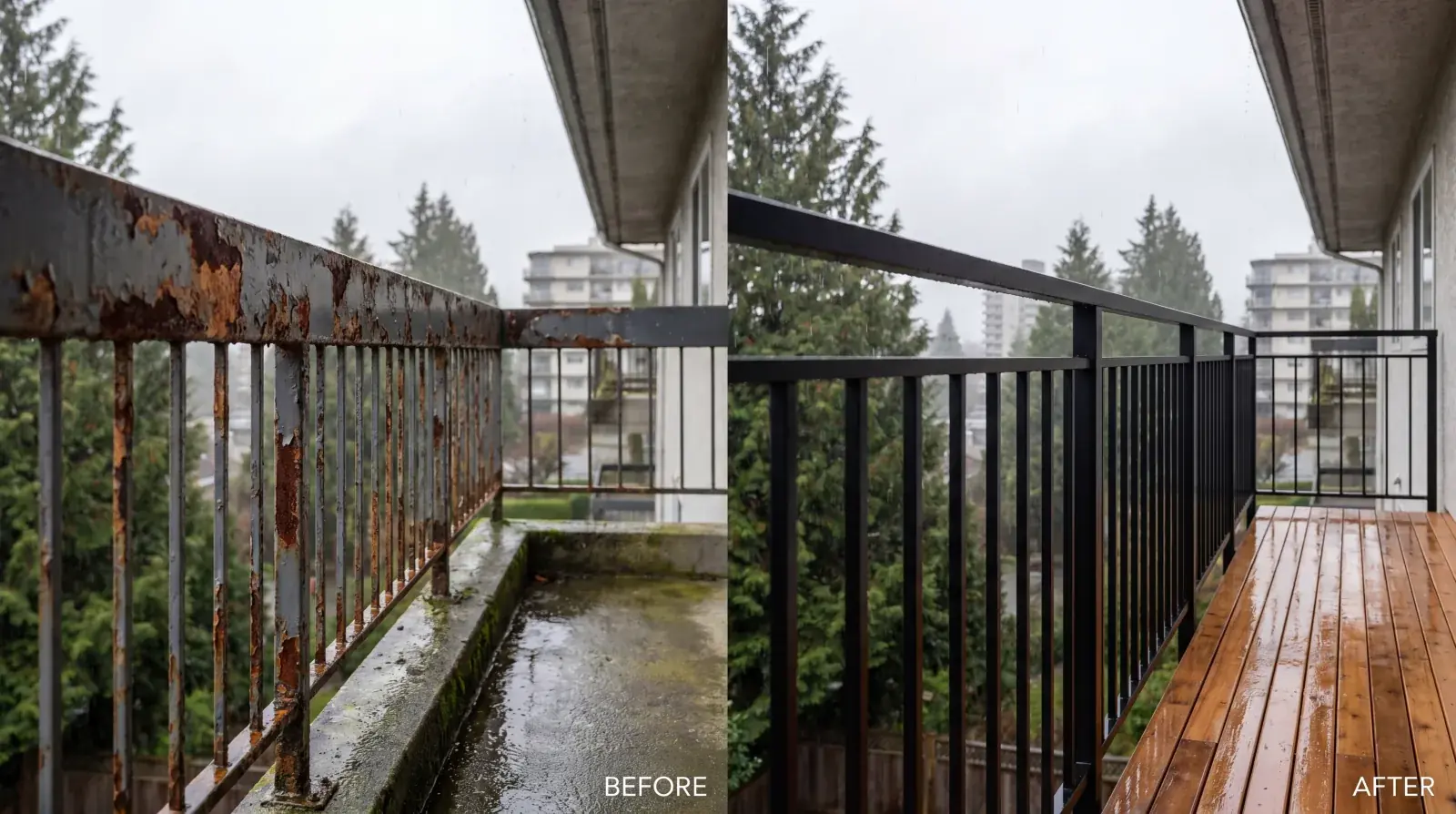 Rusted steel railing section being removed from a Vancouver home for replacement with new powder-coated steel