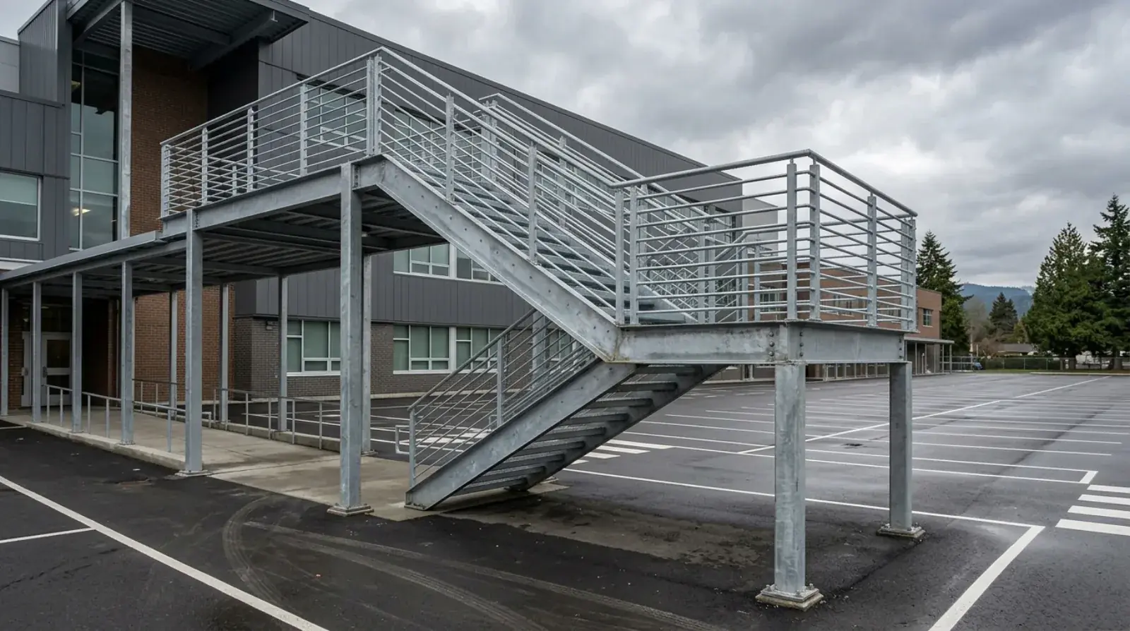 Galvanized exterior steel staircase with guardrails installed at a school building in British Columbia