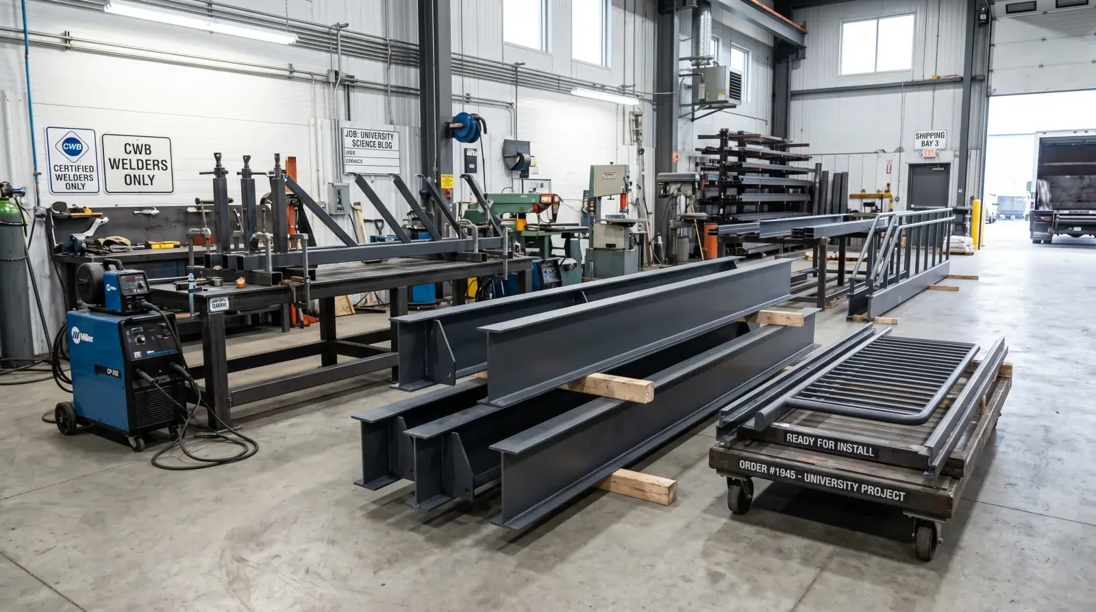 Finished powder-coated steel stair stringers and structural steel staged in a CWB-certified Burnaby fabrication shop, marked ready for install