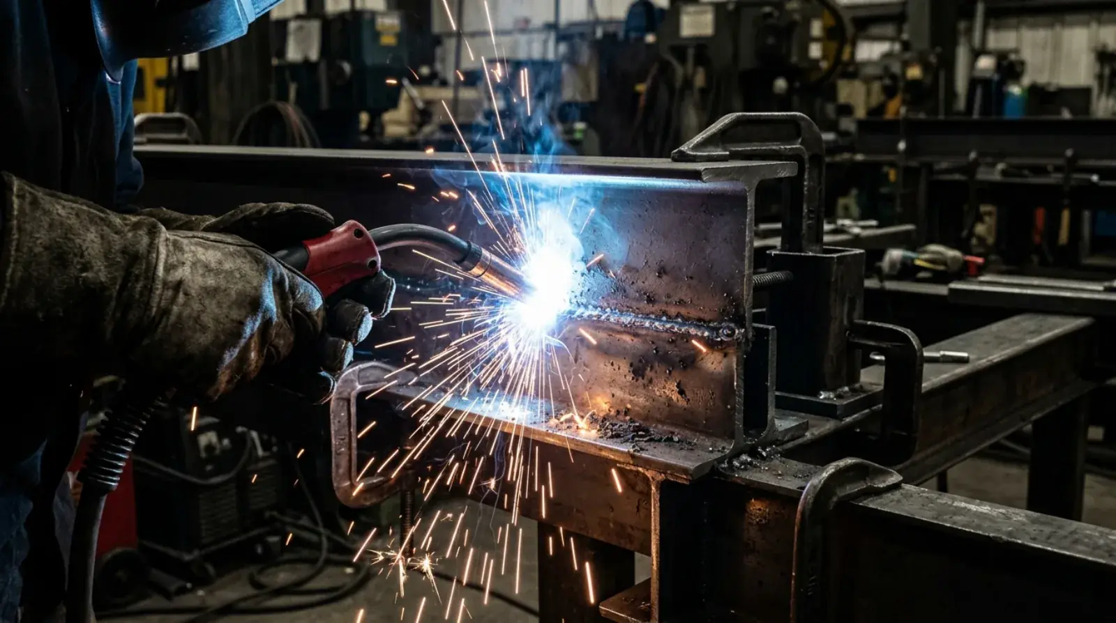CWB certified welder making a structural steel weld on a fixtured assembly inside a Burnaby fabrication shop