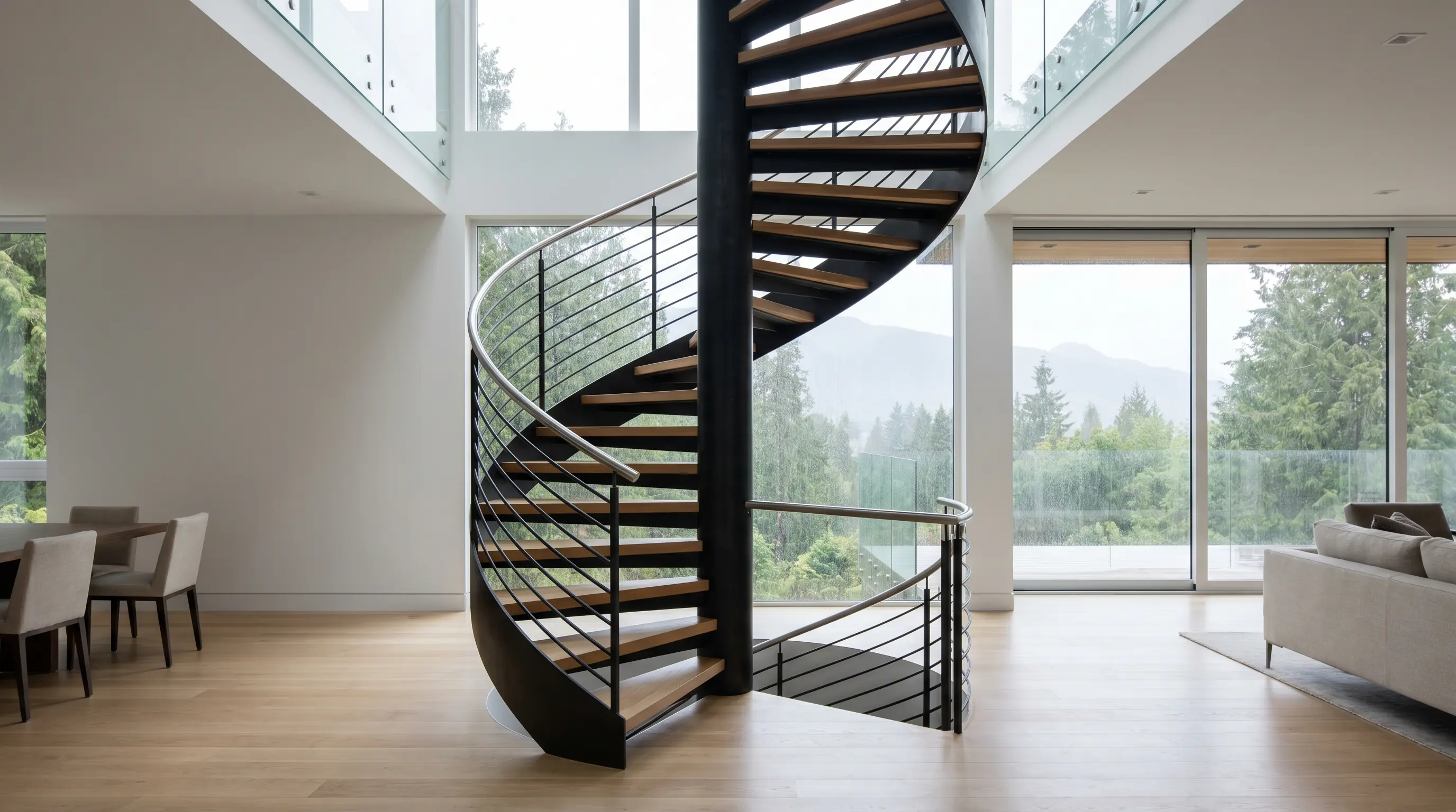 Custom steel spiral staircase with a blackened central column, hardwood treads, and minimalist horizontal steel rails in a modern Vancouver home