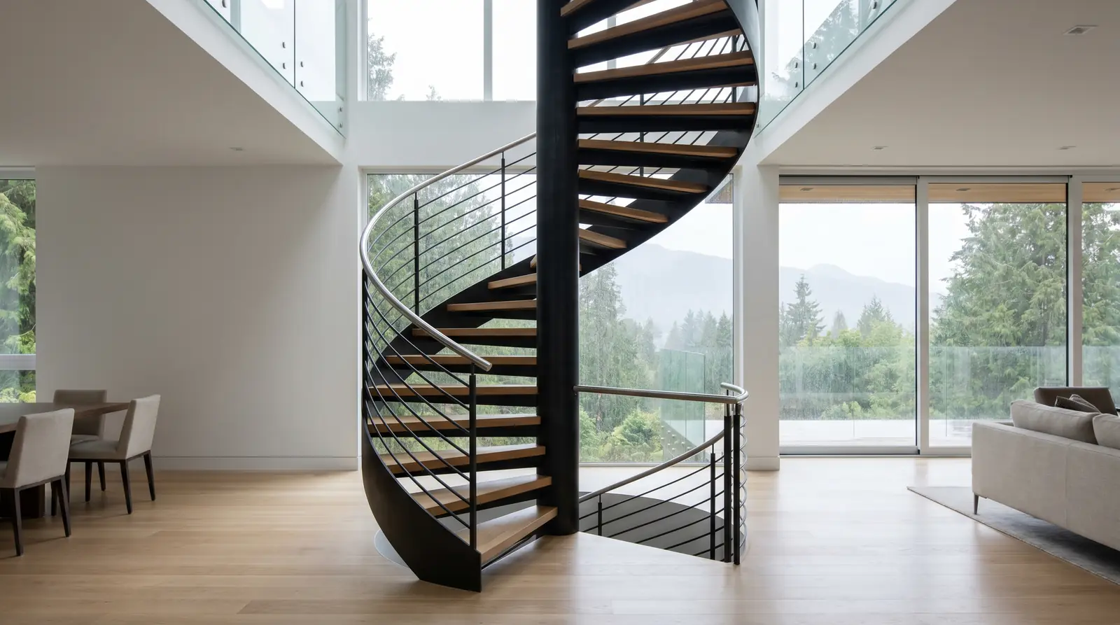 Custom steel spiral staircase with a blackened central column, hardwood treads, and minimalist horizontal steel rails in a modern Vancouver home