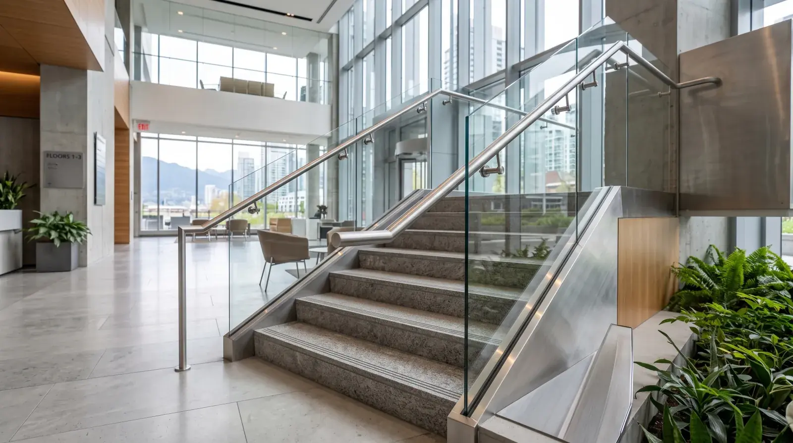 Brushed stainless steel handrail on a glass balustrade in a modern Vancouver commercial lobby