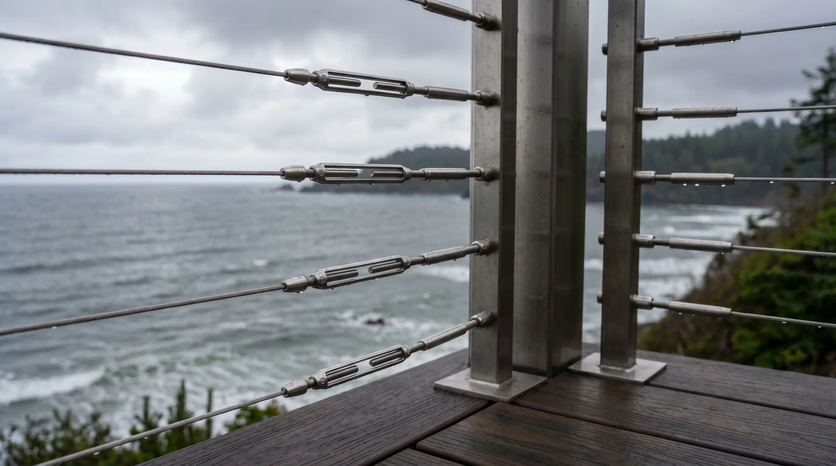 Stainless steel cable railing with turnbuckle hardware on a coastal deck overlooking the Pacific Northwest ocean