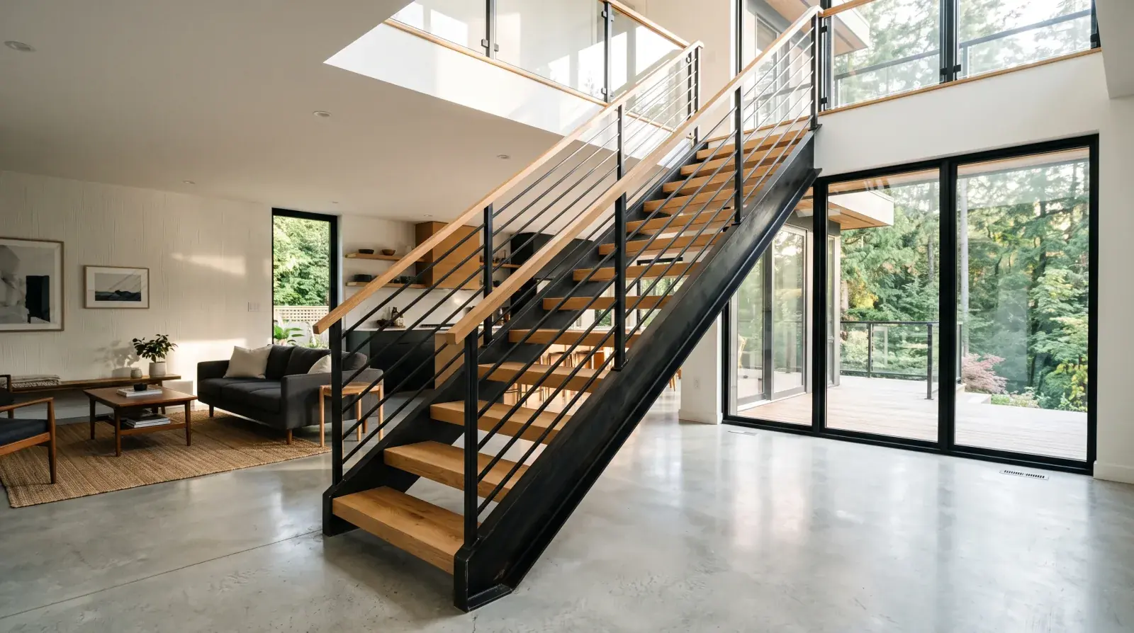 Modern Vancouver home interior with a blackened steel mono stringer stair and solid oak treads