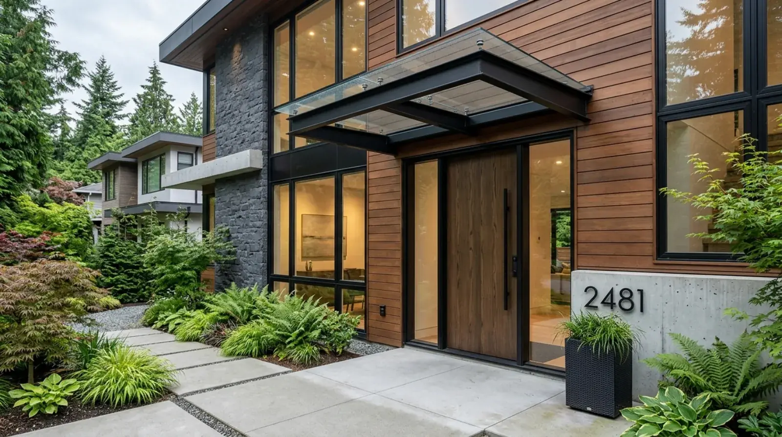 Cantilevered blackened steel and glass entry canopy over a contemporary Vancouver front door