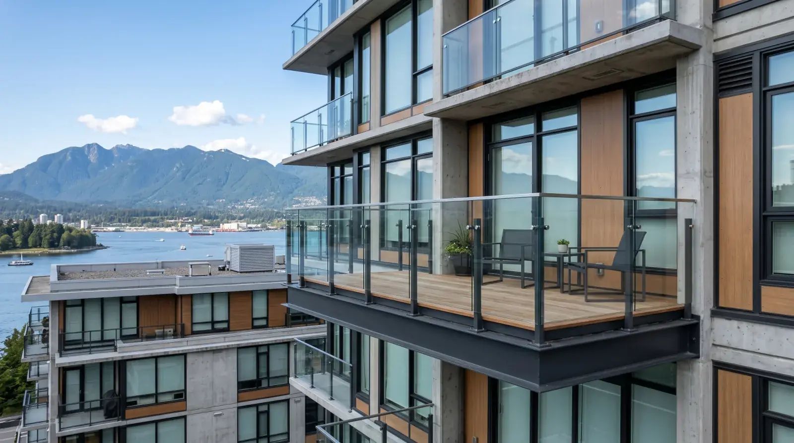 Cantilevered steel balcony on a mid-rise Vancouver strata building with mountain backdrop