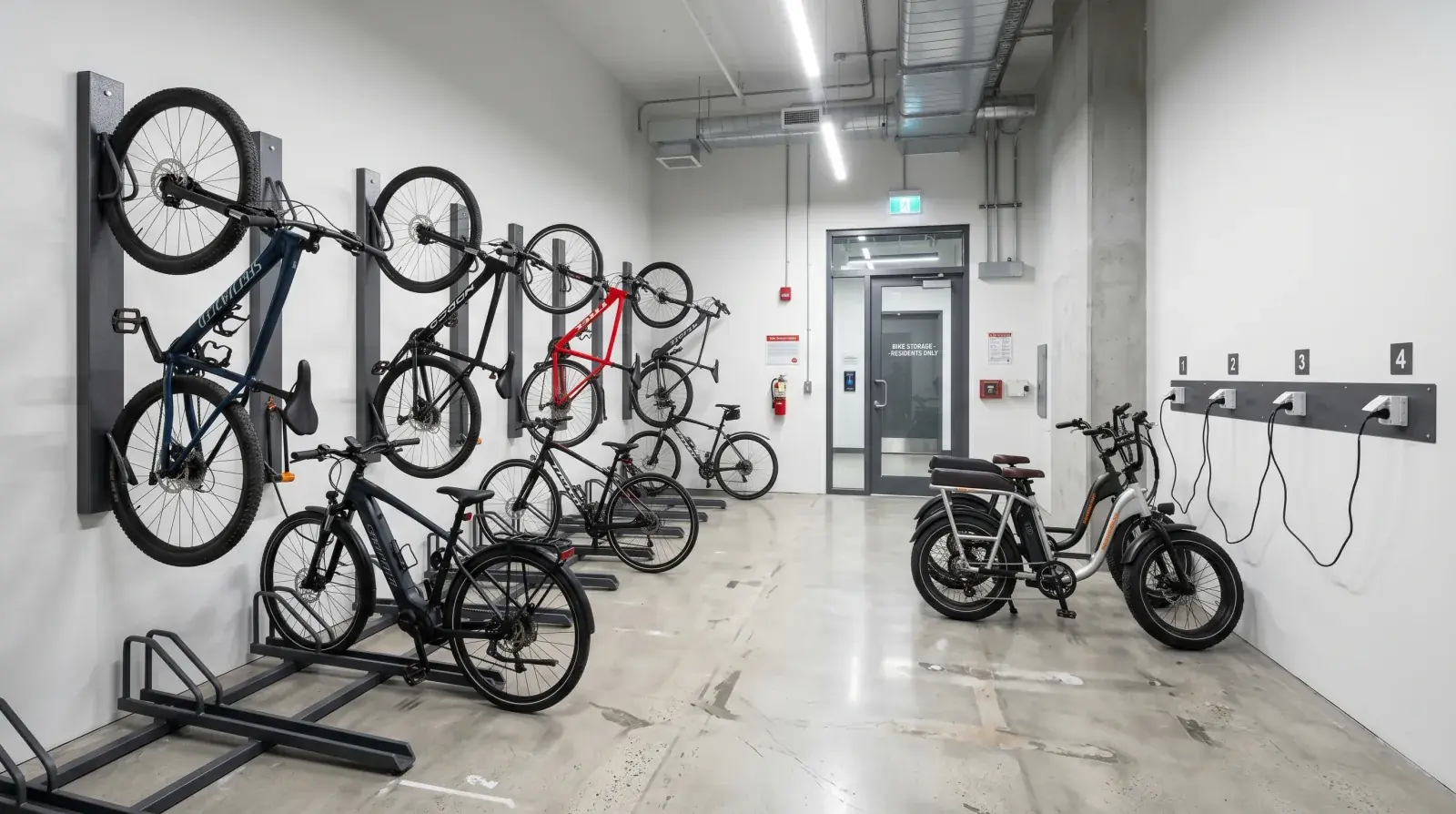 Secure multifamily bike room in Vancouver with vertical and horizontal custom steel bike racks and e-bike charging stations