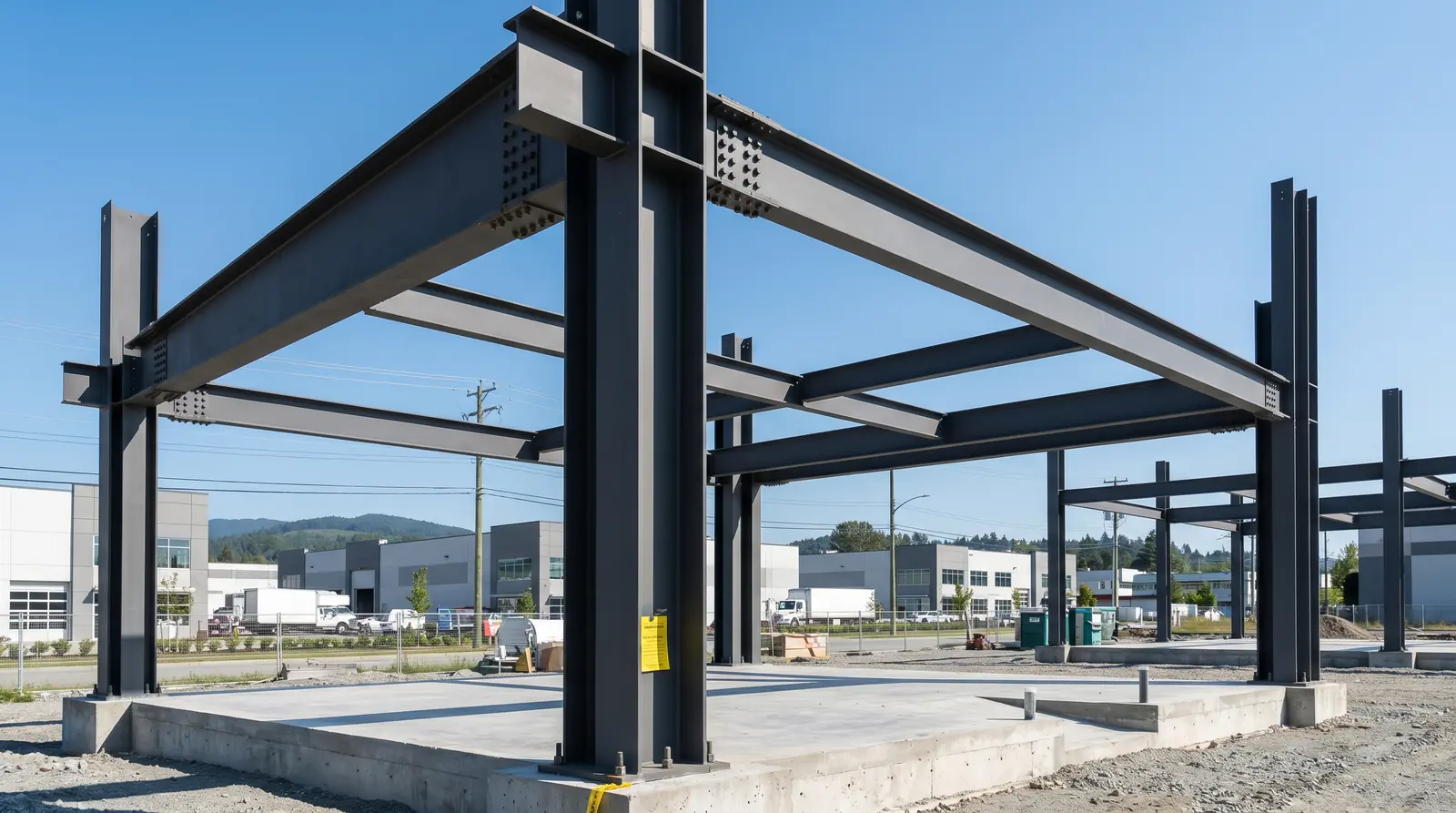 Custom-fabricated structural steel framing with bolted moment connections and dark grey shop primer being erected on a Burnaby industrial-park concrete slab, low-rise commercial buildings in the background