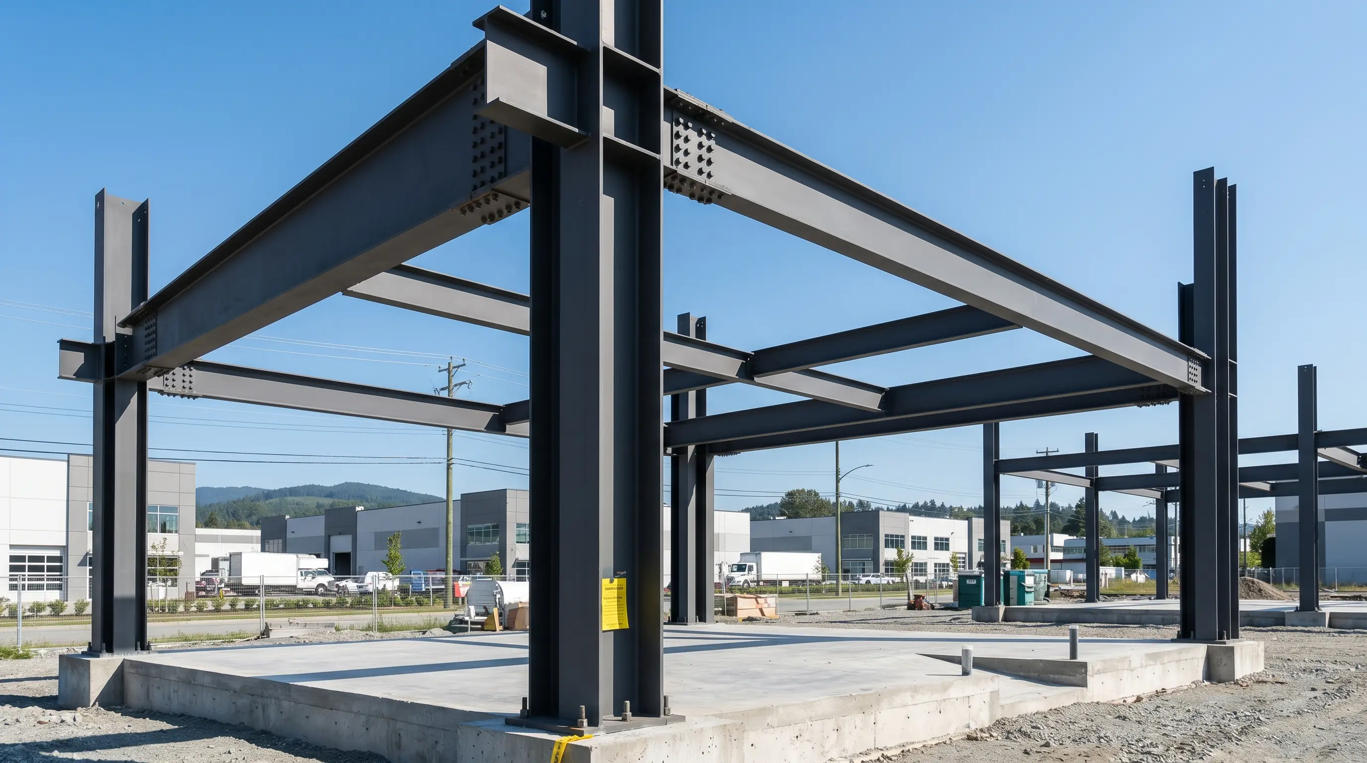 Custom-fabricated structural steel framing with bolted moment connections and dark grey shop primer being erected on a Burnaby industrial-park concrete slab, low-rise commercial buildings in the background