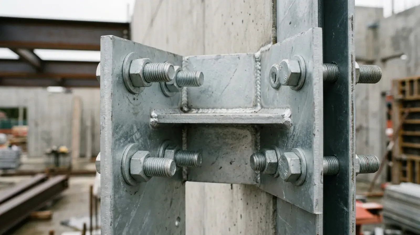 Steel connection bracket and anchor bolts fastening a canopy frame to the concrete wall of a Vancouver building