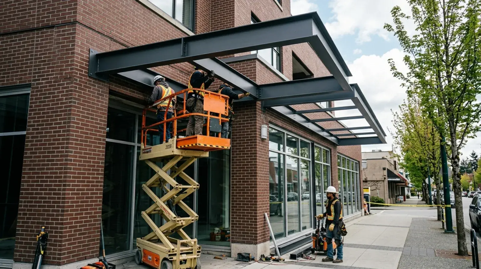 Commercial structural steel canopy with duplex-coated framing installed on a building facade in New Westminster, BC