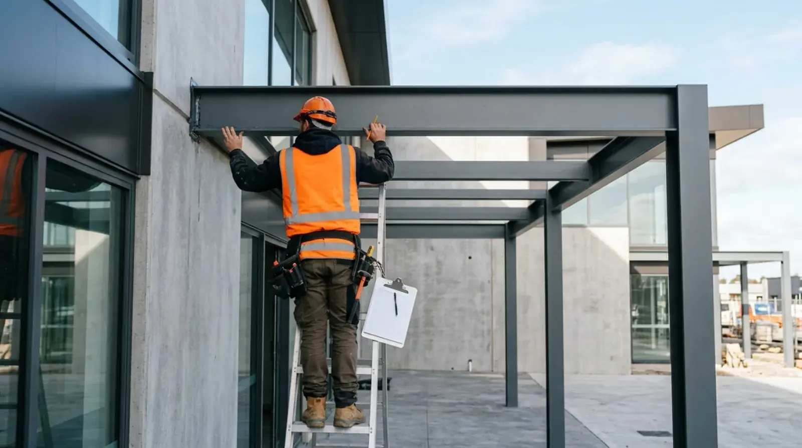 Building operator inspecting the steel frame and drainage edge of a commercial entrance canopy in Vancouver